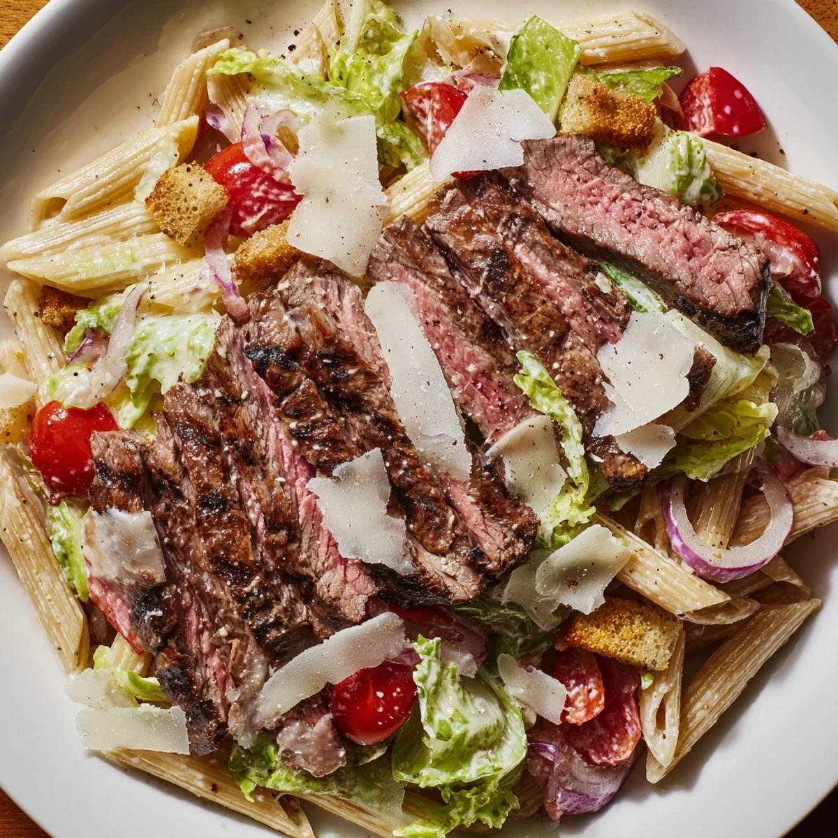 Served chilled, this flavorful steak caesar pasta salad combines al dente rotini, halved cherry tomatoes, and crunchy croutons for a hearty lunch option.