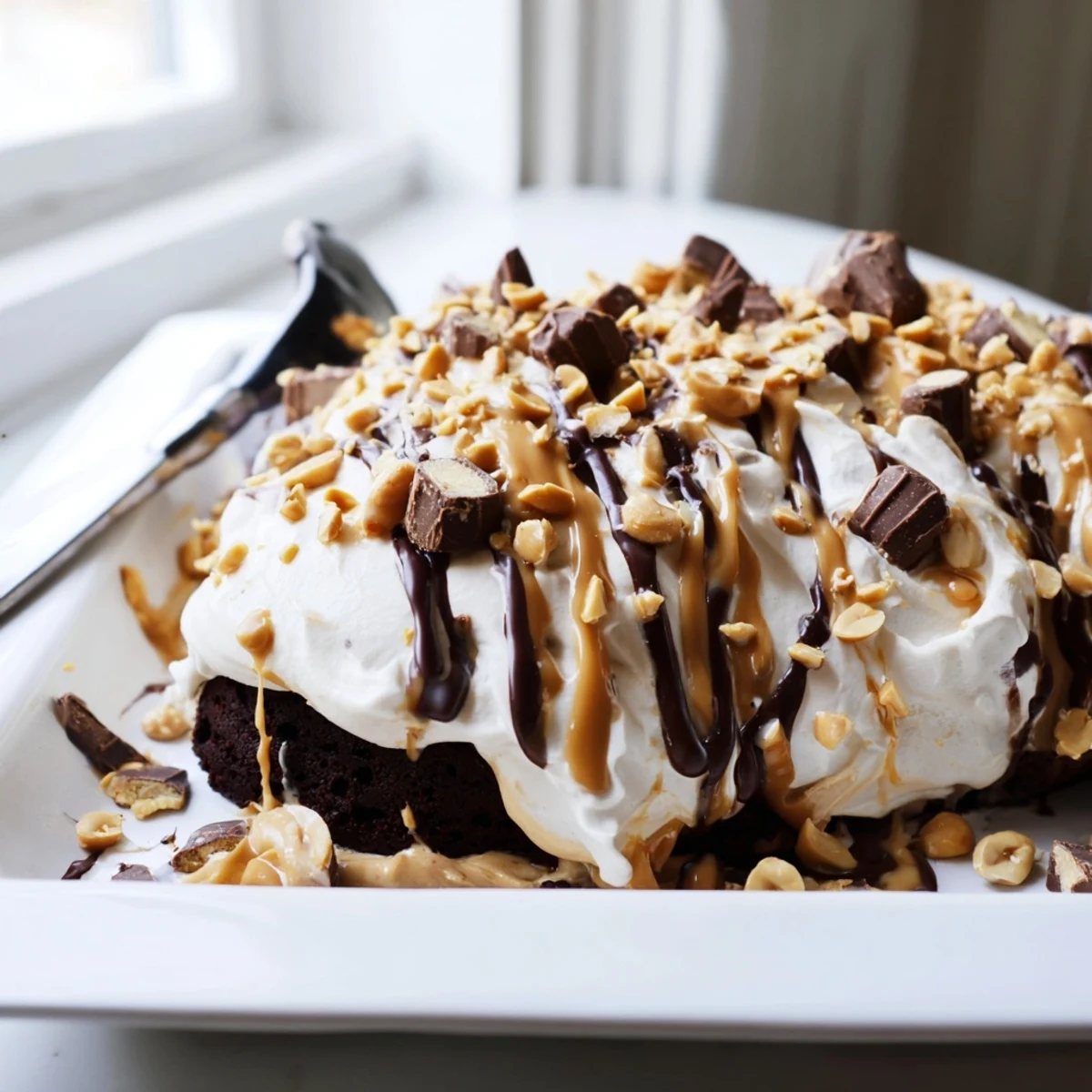 A moist slice of Chocolate Peanut Butter Poke Cake reveals creamy peanut butter pudding and chocolate drizzle.