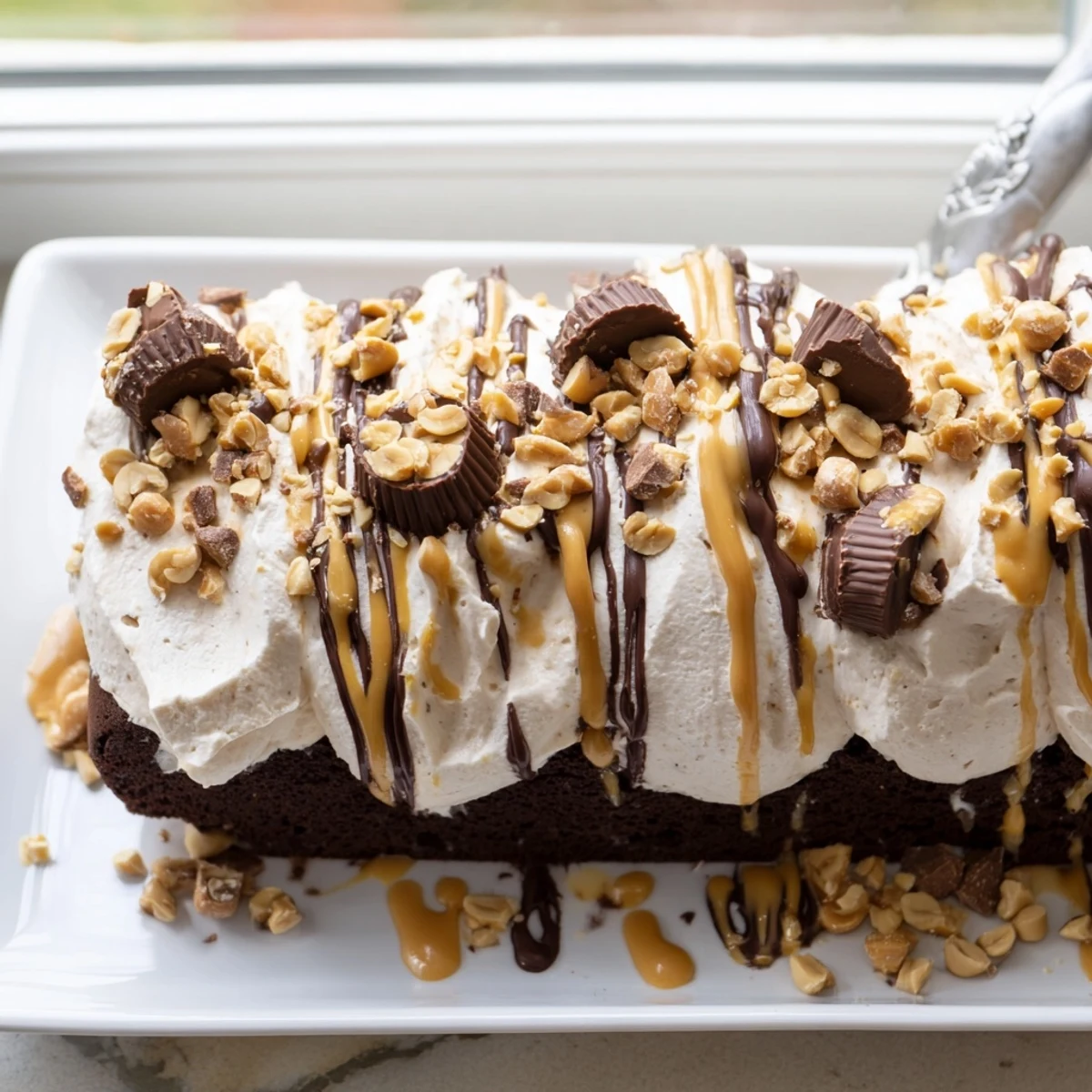 Looking at a 9x13 Chocolate Peanut Butter Poke Cake topped with glossy drizzle, peanut butter cups, and clouds of whipped cream.