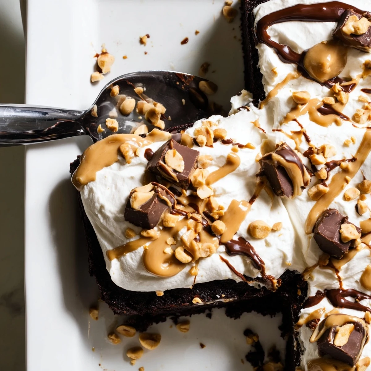 This decadent Chocolate Peanut Butter Poke Cake showcases whipped cream, chopped peanuts, and rich layers on a white plate.