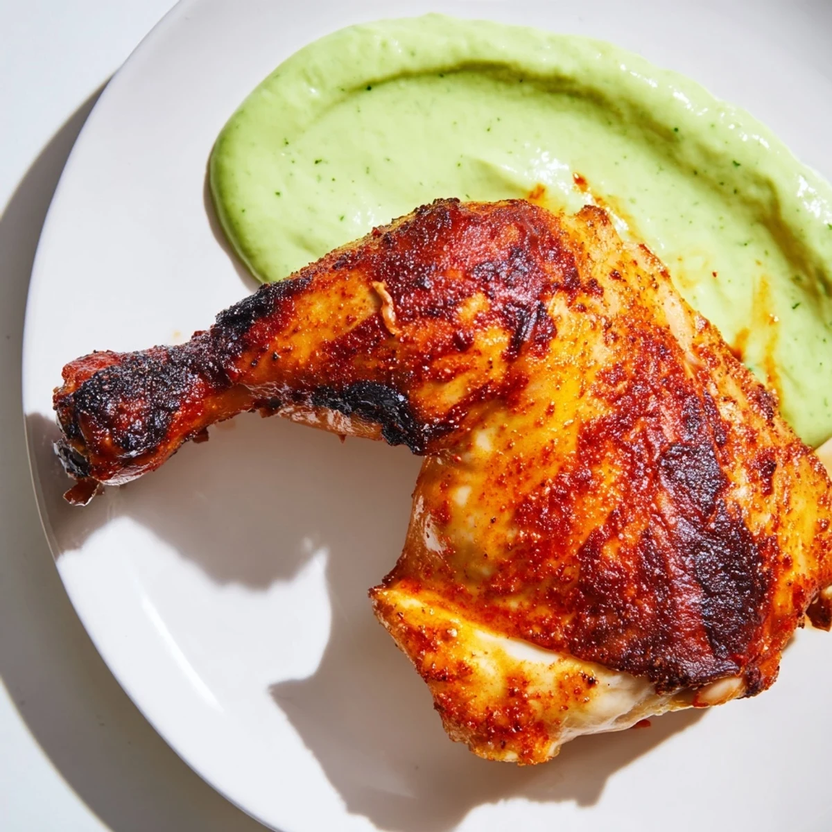 Close-up of succulent Peruvian Roast Chicken with Creamy Green Sauce highlighting crispy skin and the herby, bright green sauce.