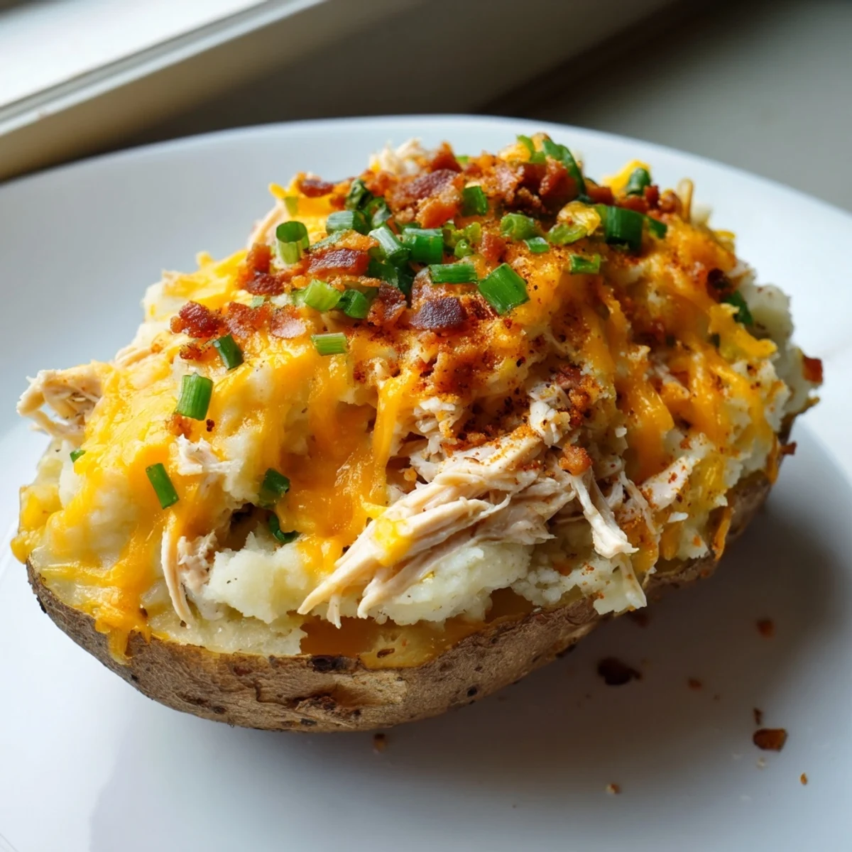 Four baked russet potato halves stuffed with a creamy, savory mixture of shredded chicken, cheddar, and mashed potatoes, garnished with fresh parsley and extra cheese.