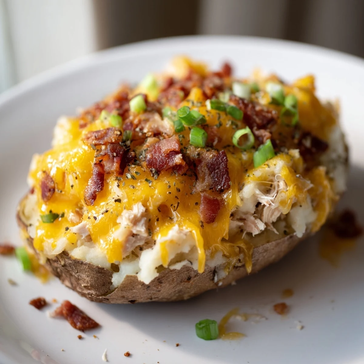 Golden twice baked potatoes with a rich filling of tender chicken, sour cream, and cheddar, garnished with green onions, ready to be served as a main dish.