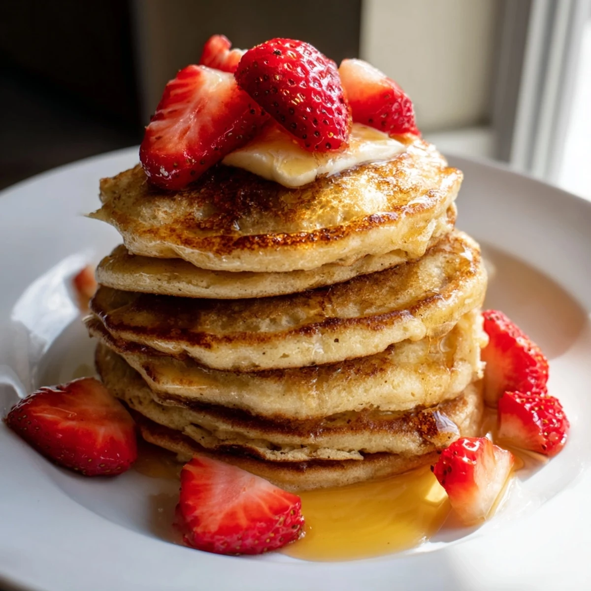 Fluffy Sourdough Discard Pancakes stacked high with melting butter and warm maple syrup for breakfast.