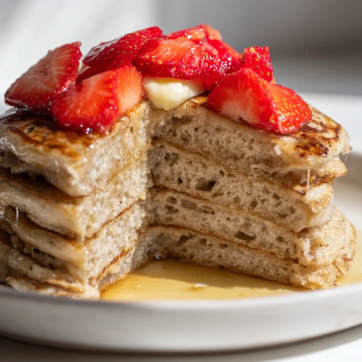 Golden brown Sourdough Discard Pancakes served fresh from the griddle with berries and a drizzle of syrup.