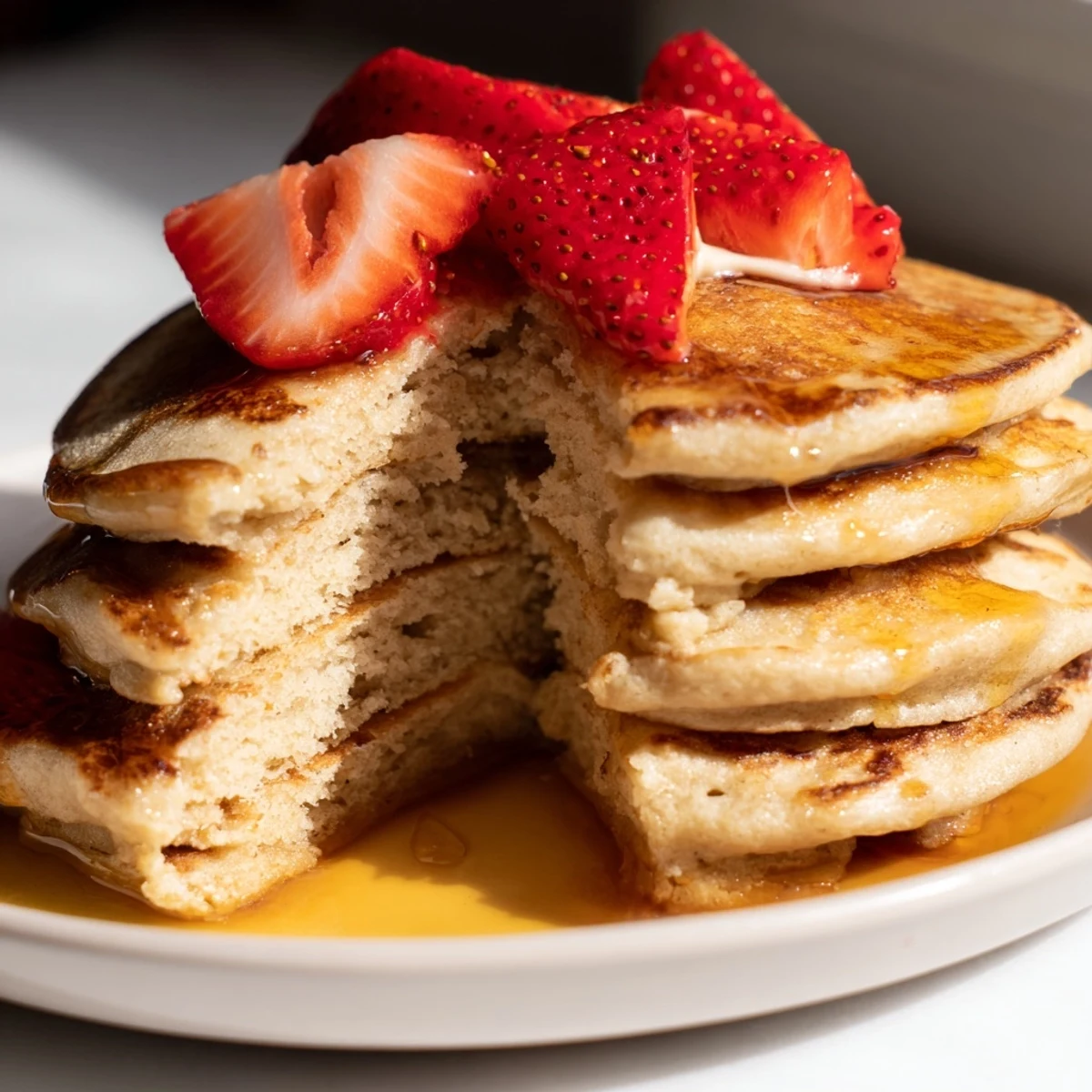 A close-up of golden Sourdough Discard Pancakes topped with powdered sugar and fresh fruit on a plate.