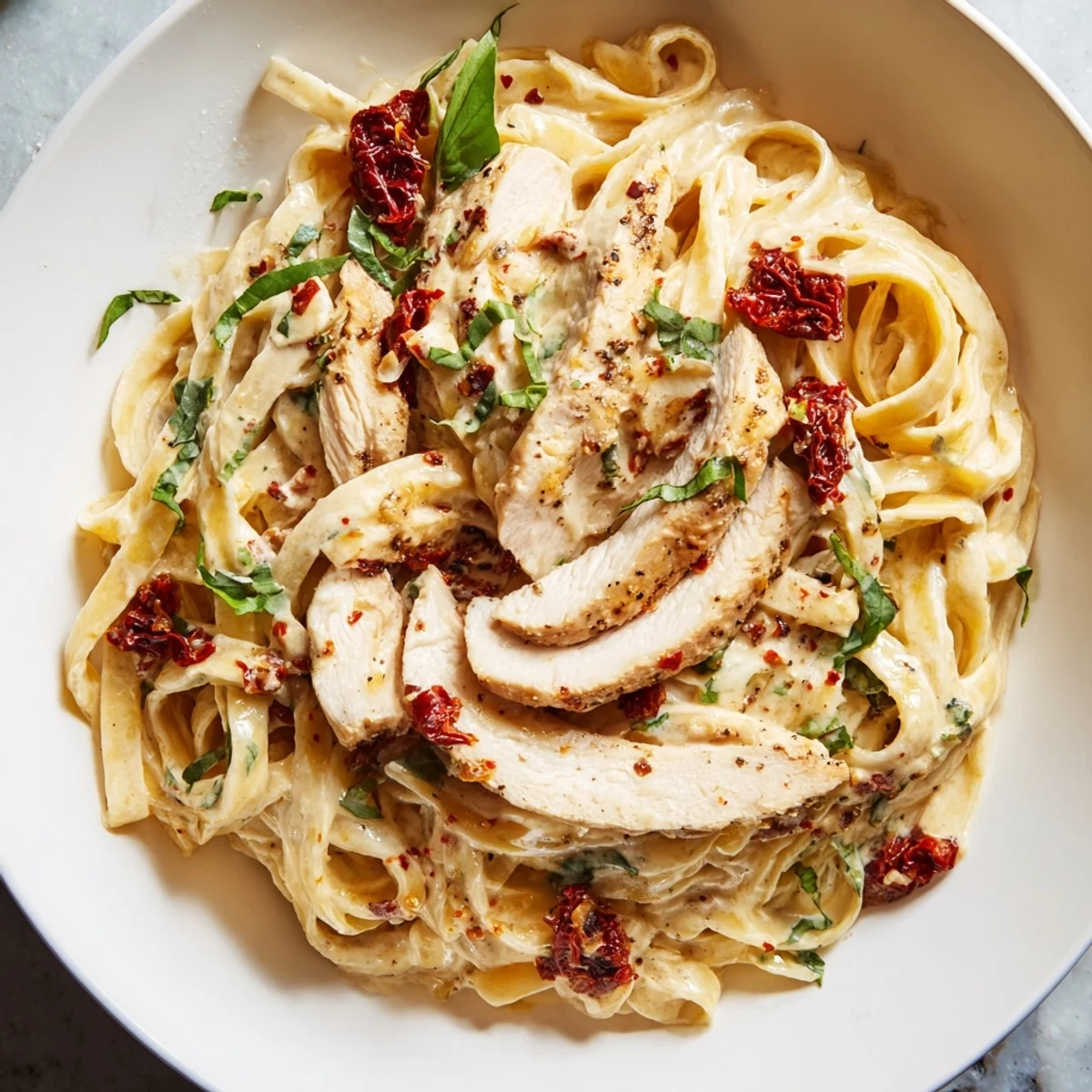 Marry Me Garlic Parmesan Chicken Pasta features tender sliced chicken over creamy fettuccine with sun-dried tomatoes and fresh basil garnish.
