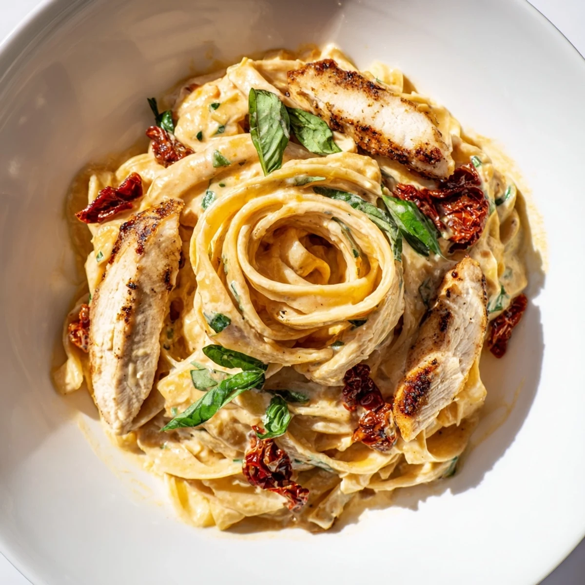 A close-up of Marry Me Garlic Parmesan Chicken Pasta showcases golden chicken, glossy sauce, and steaming pasta in a skillet.