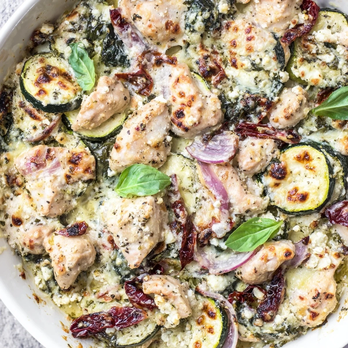 Juicy golden chicken and tender zucchini baked in a creamy Mediterranean sauce with sun-dried tomatoes and feta.