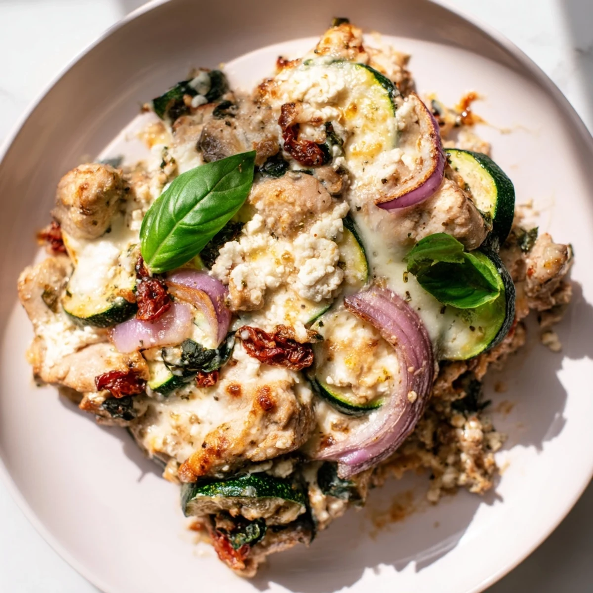 Serving of Marry Me Mediterranean Chicken Zucchini Bake topped with fresh basil, melted cheese, and rustic quinoa.