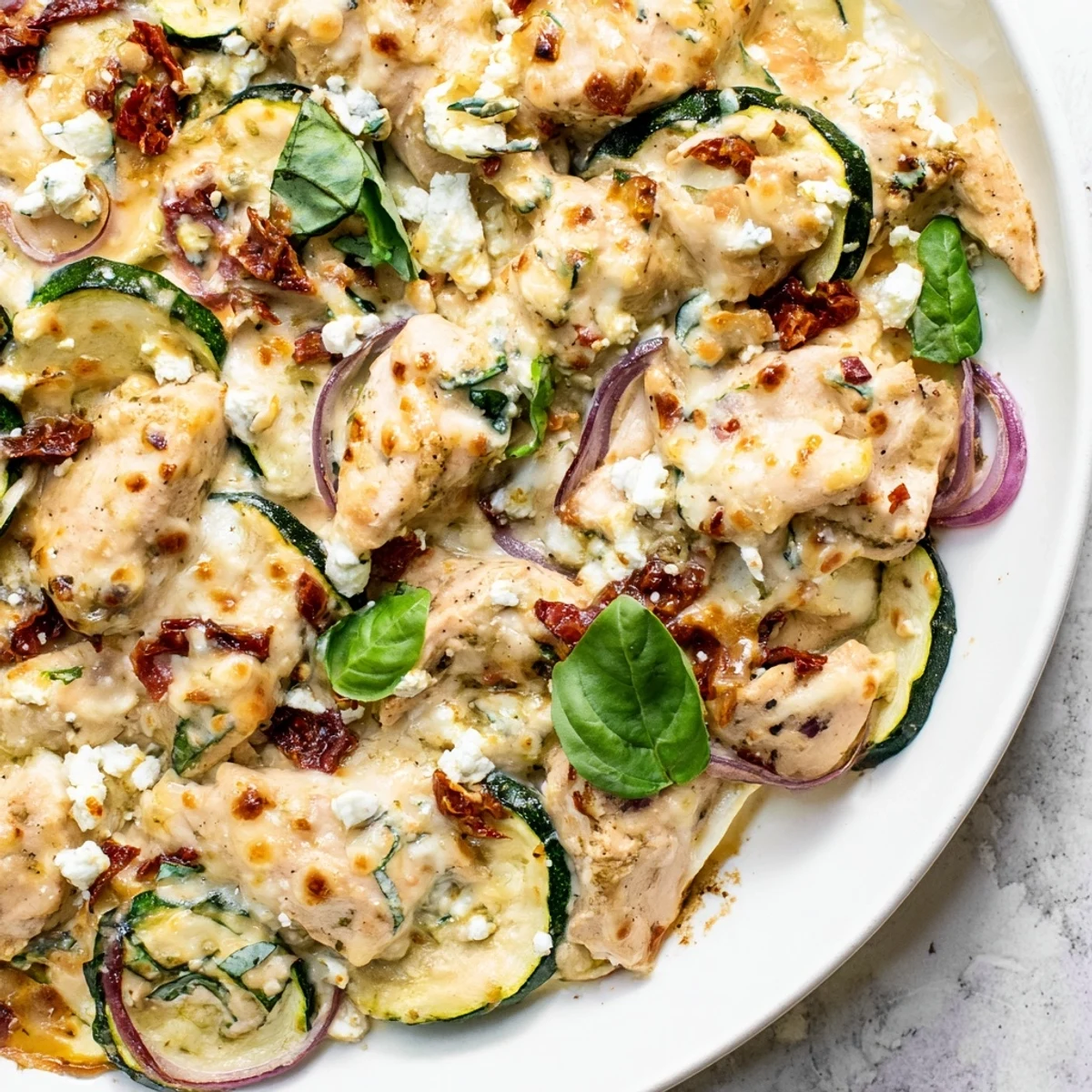 Bubbling casserole dish with Marry Me Mediterranean Chicken Zucchini Bake, garlic, herbs, and red onion for a weeknight dinner.