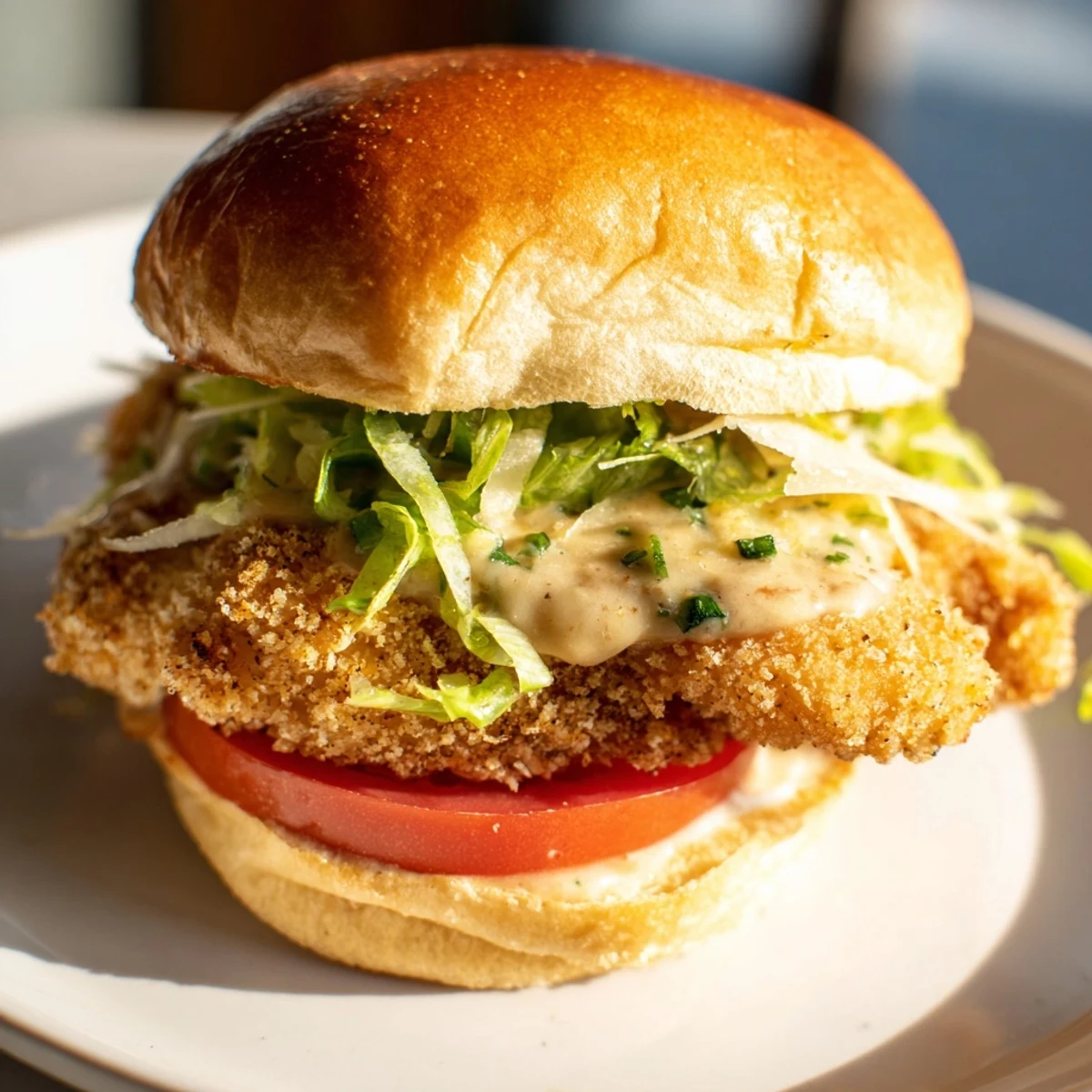 Golden fried chicken fillet on a toasted bun with Caesar dressing and fresh romaine lettuce for the Marry Me Crispy Chicken Caesar Sandwich.