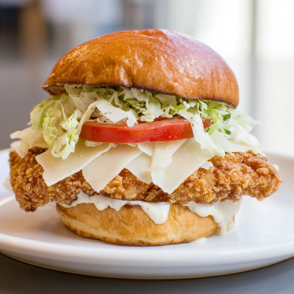 A toasted brioche bun holds juicy fried chicken, chopped romaine, and tangy Caesar sauce in a close-up of the Marry Me Crispy Chicken Caesar Sandwich.