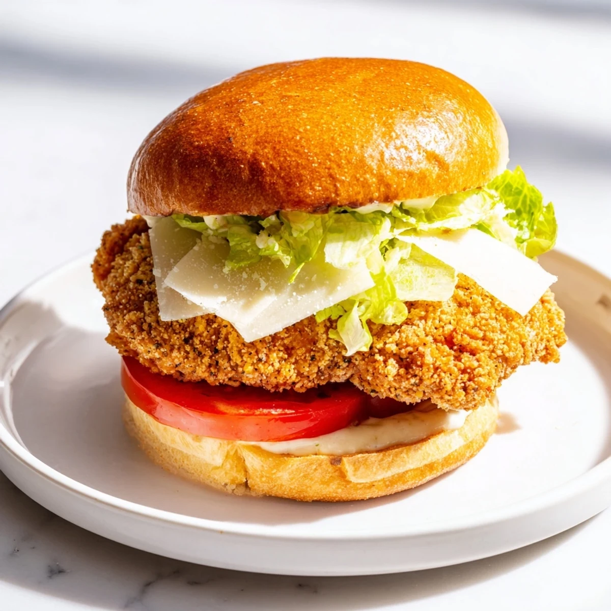 Crispy panko-crusted chicken breast layered with creamy homemade Caesar dressing and shaved Parmesan in the Marry Me Crispy Chicken Caesar Sandwich.