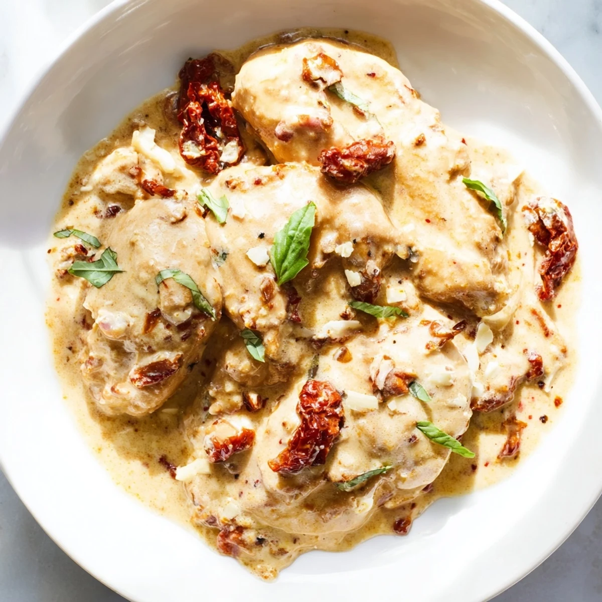 Golden seared chicken breasts nestled in a creamy sun-dried tomato sauce in a skillet for the Marry Me One Pan Chicken in Sun-Dried Tomato Cream Sauce.