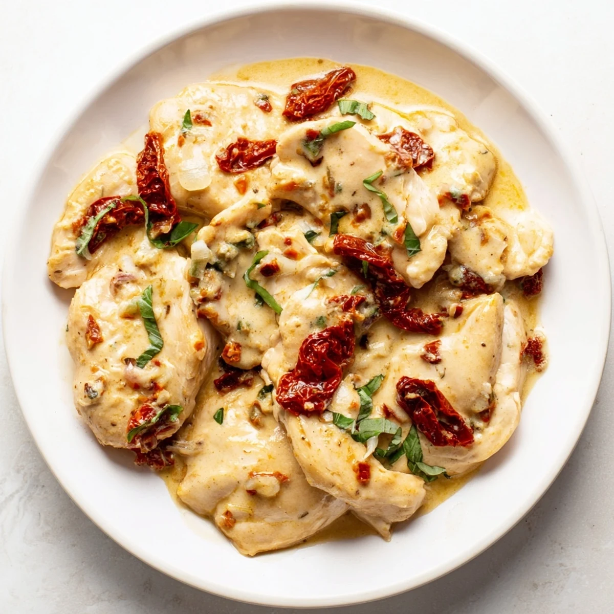 A close-up view shows tender chicken coated in the silky Marry Me One Pan Chicken in Sun-Dried Tomato Cream Sauce, ready to eat.