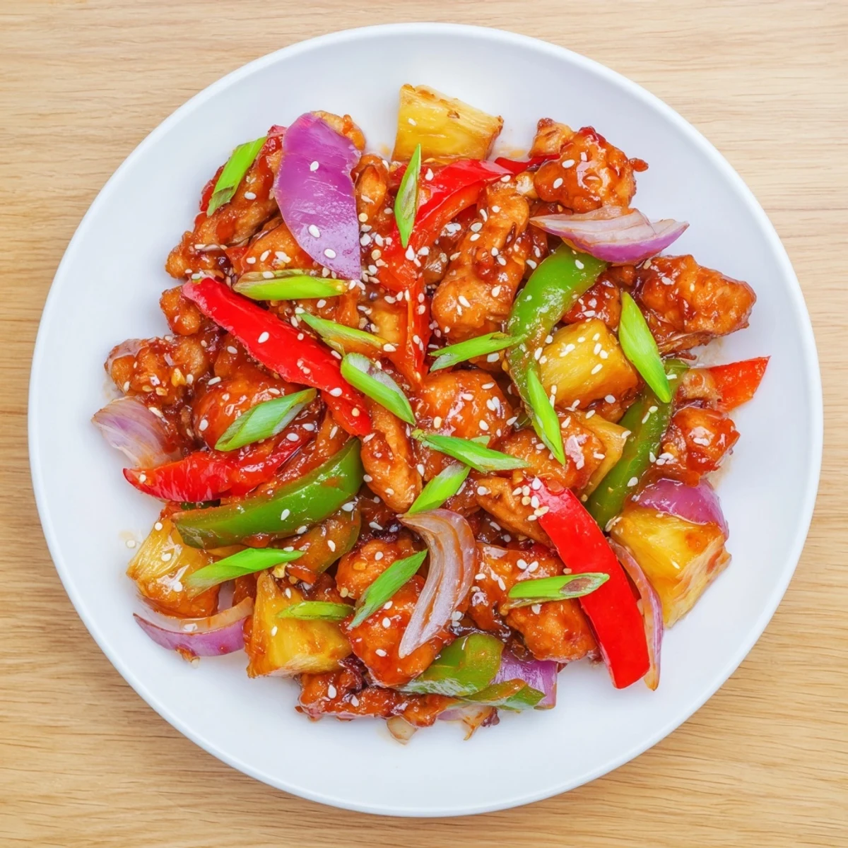 Tender chicken, crisp bell peppers, and juicy pineapple chunks in a glossy sweet chili sauce, topped with toasted sesame seeds. This Pineapple Chicken Stir Fry is served over steamed jasmine rice for a vibrant, family-style dinner.