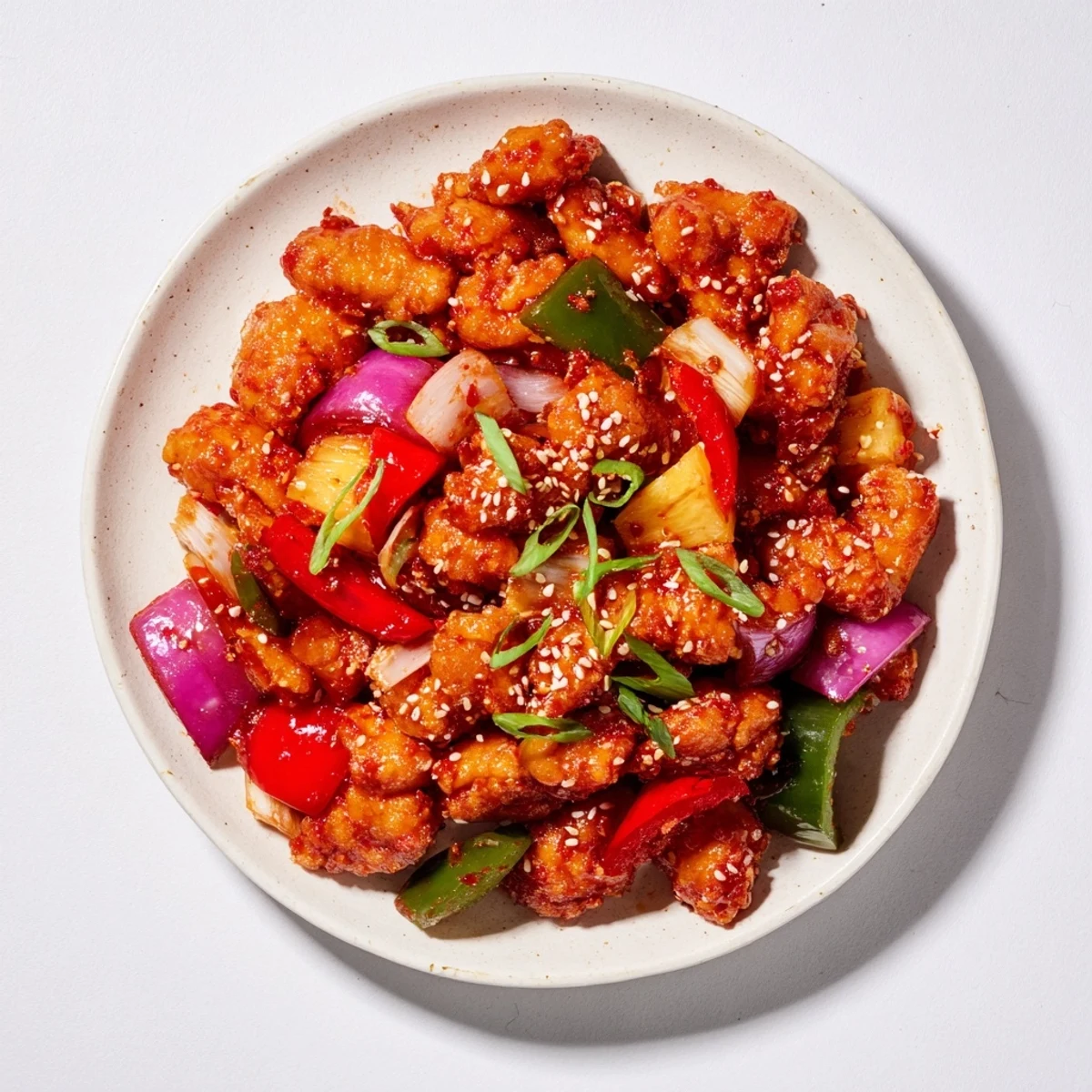 Bright red and green bell peppers mingle with savory chicken and sweet pineapple in this sizzling Pineapple Chicken Stir Fry, garnished with fresh green onions and a sprinkle of sesame seeds for texture.