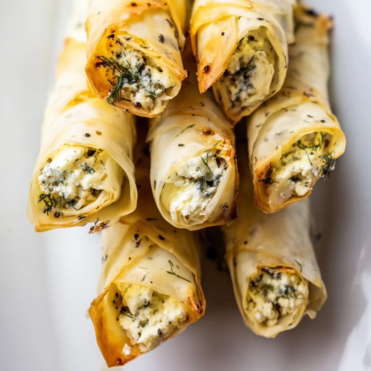 Oven Fried Feta Rolls With Chili Honey sit on a platter, golden filo pastry glistening with a sweet-spicy drizzle.