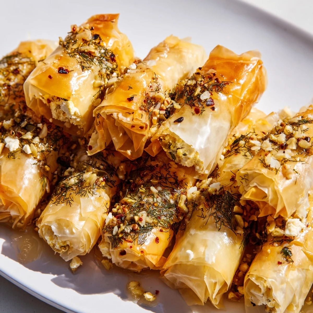Fresh herbs and a light salad pair with Oven Fried Feta Rolls With Chili Honey for a party appetizer.
