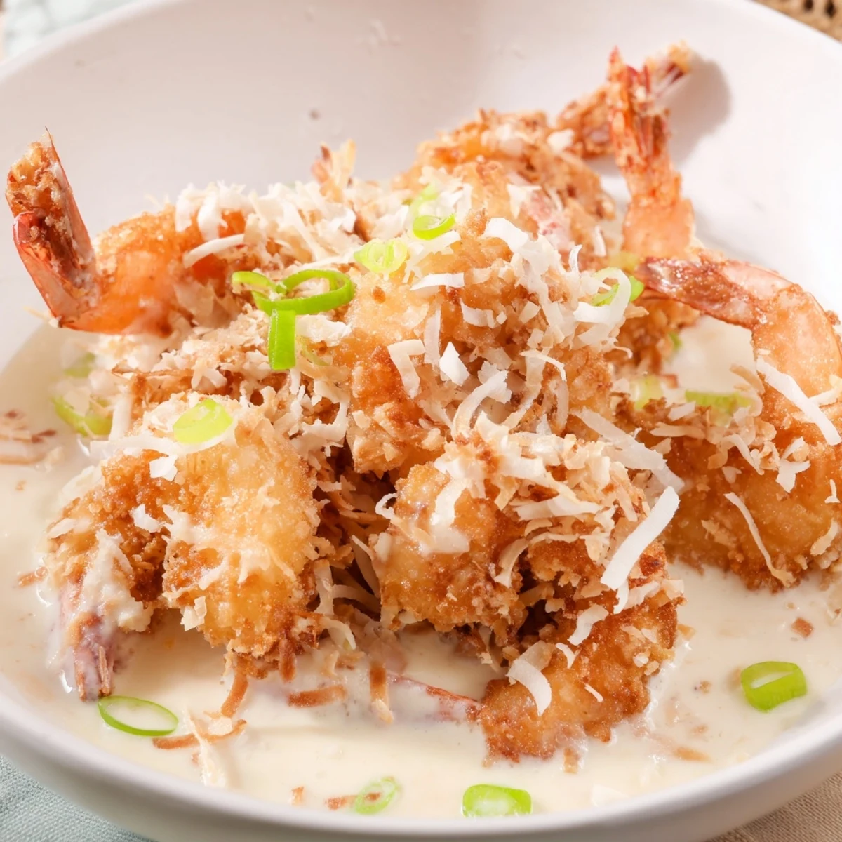 A close-up of Chinese Coconut Shrimp plated with jasmine rice and sliced green onions, garnished with toasted coconut flakes.