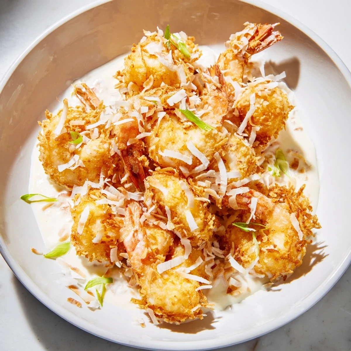 Steaming Chinese Coconut Shrimp tossed in a velvety coconut sauce, served as an indulgent appetizer on a white plate.
