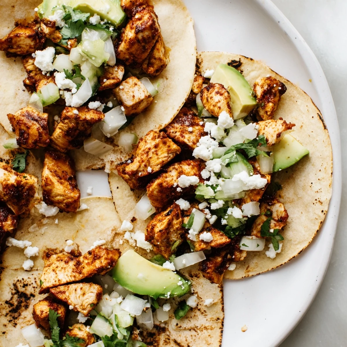 Freshly grilled Chicken Street Tacos topped with cilantro and diced onion on warm corn tortillas.