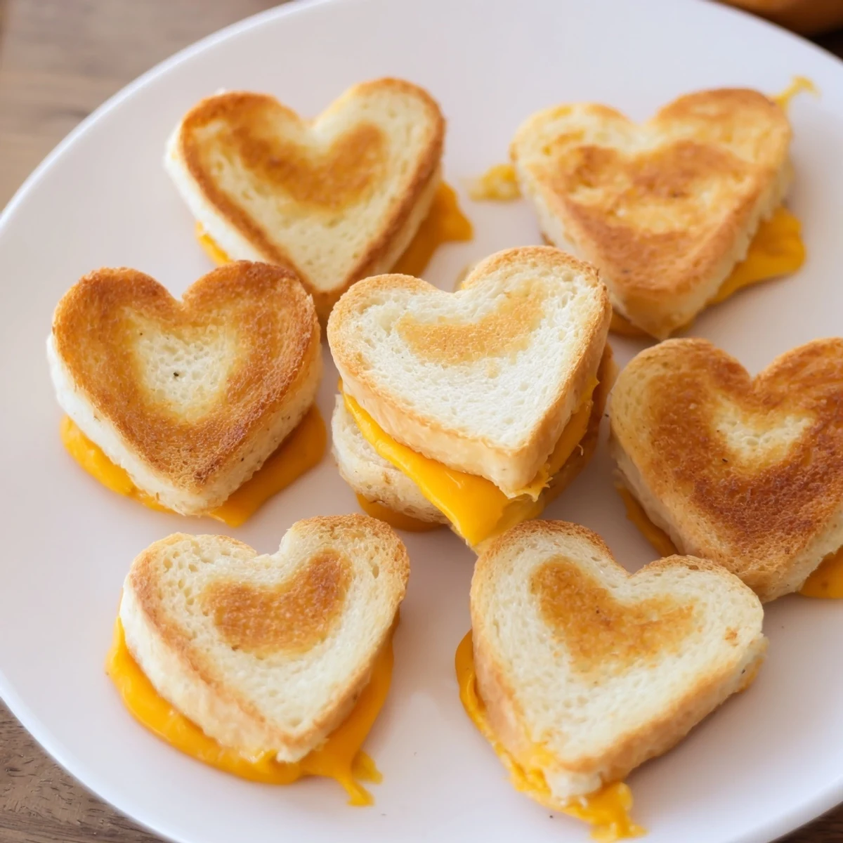 Golden-brown mini grilled cheese hearts sizzling in a skillet with melted cheddar oozing out.