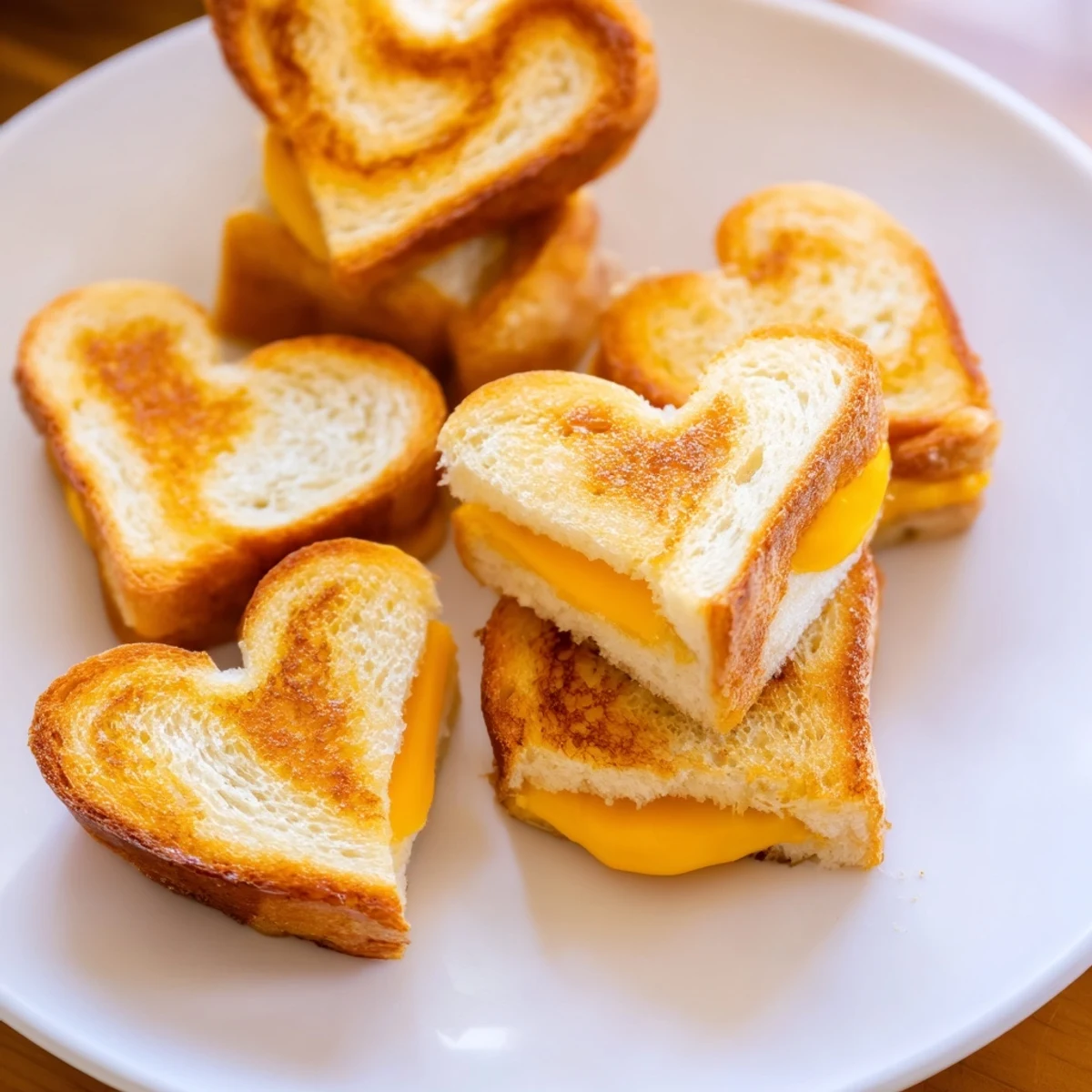 Close-up of adorable heart-shaped grilled cheese sandwiches served warm on a colorful lunchbox tray.