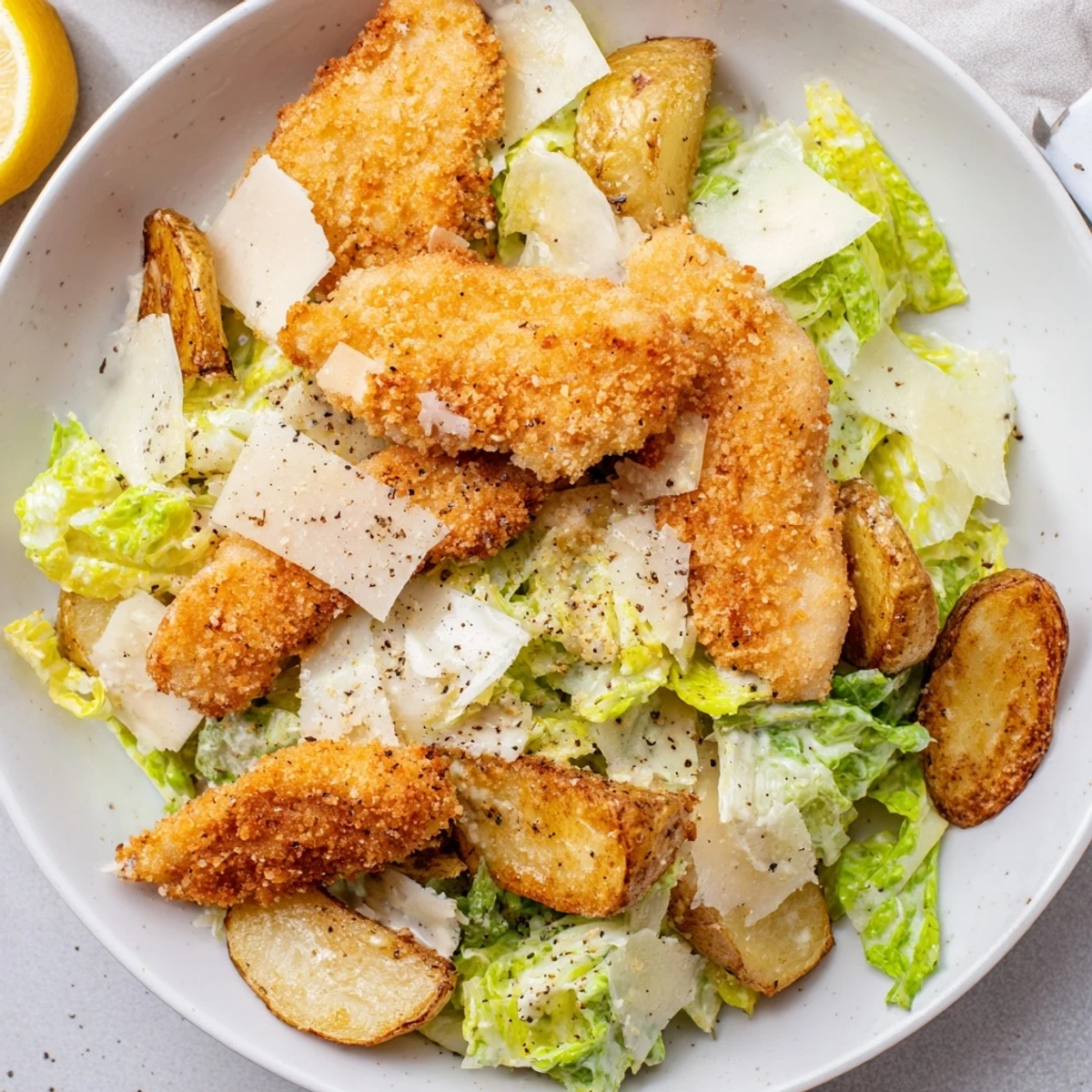 Golden homemade baked potato chips topped with Crispy Chicken Caesar Salad bites, featuring crunchy chicken and fresh romaine.
