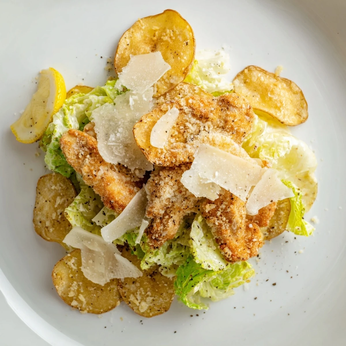 Crispy Chicken Caesar Salad Chips arranged on a platter with shaved parmesan, lemon wedges, and drizzled Caesar dressing.