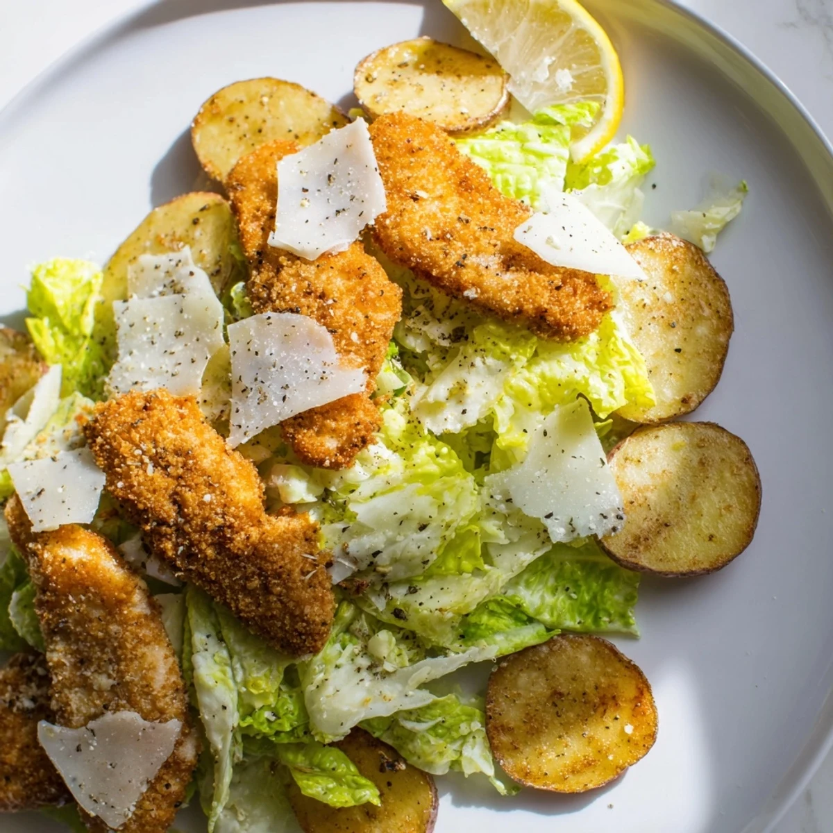 A close-up of Crispy Chicken Caesar Salad Chips showcasing golden chicken pieces and crisp lettuce on seasoned potato chips.