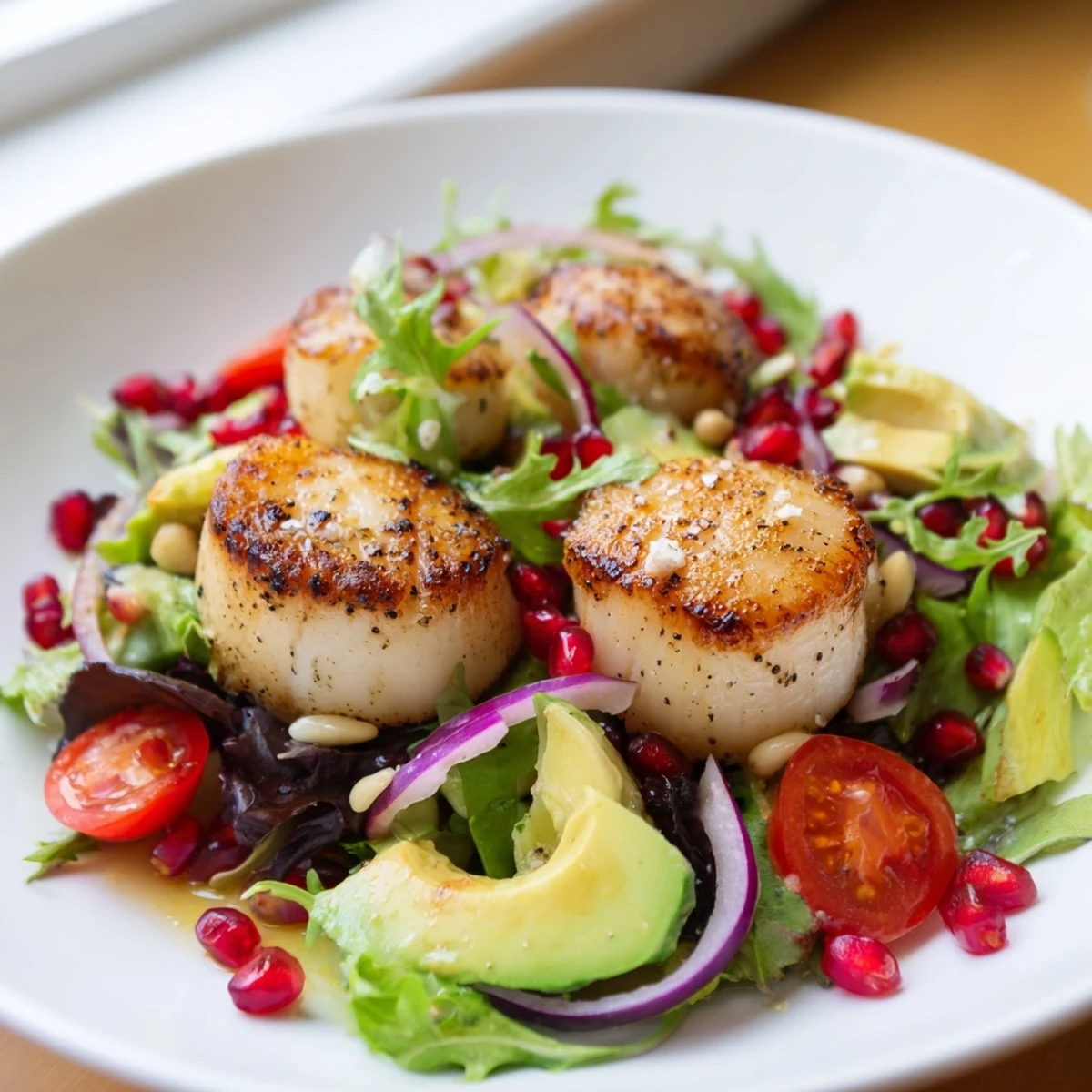 Golden seared scallops rest atop a vibrant salad of baby greens, cherry tomatoes, and avocado slices, drizzled with citrus vinaigrette.