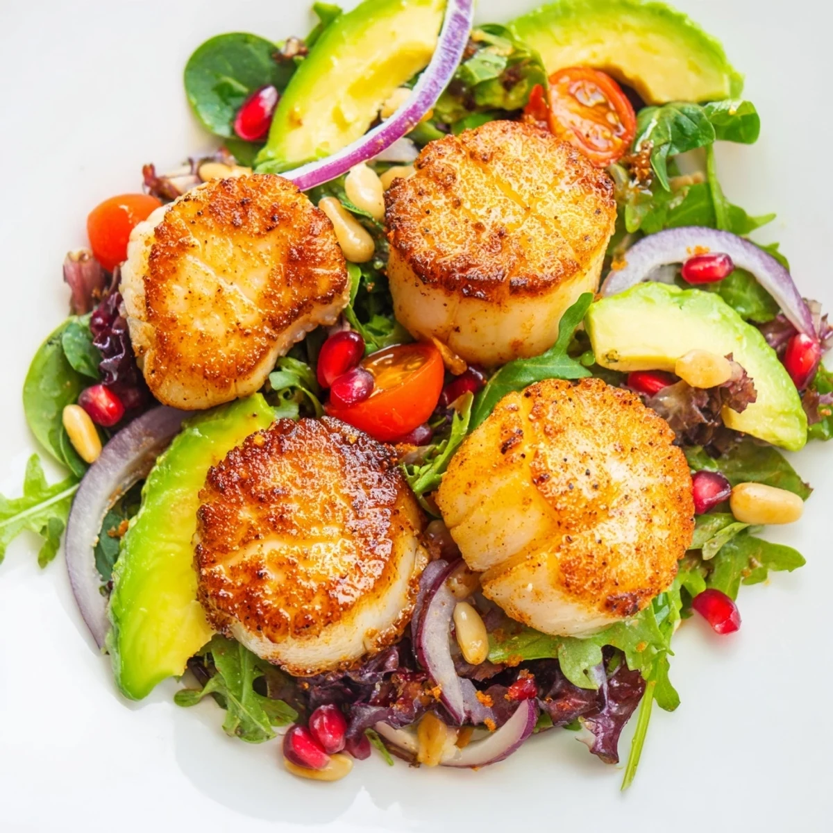 A close-up view of the Pan Seared Scallops Romantic Dinner Salad highlights the golden crust on the scallops and fresh ingredients.
