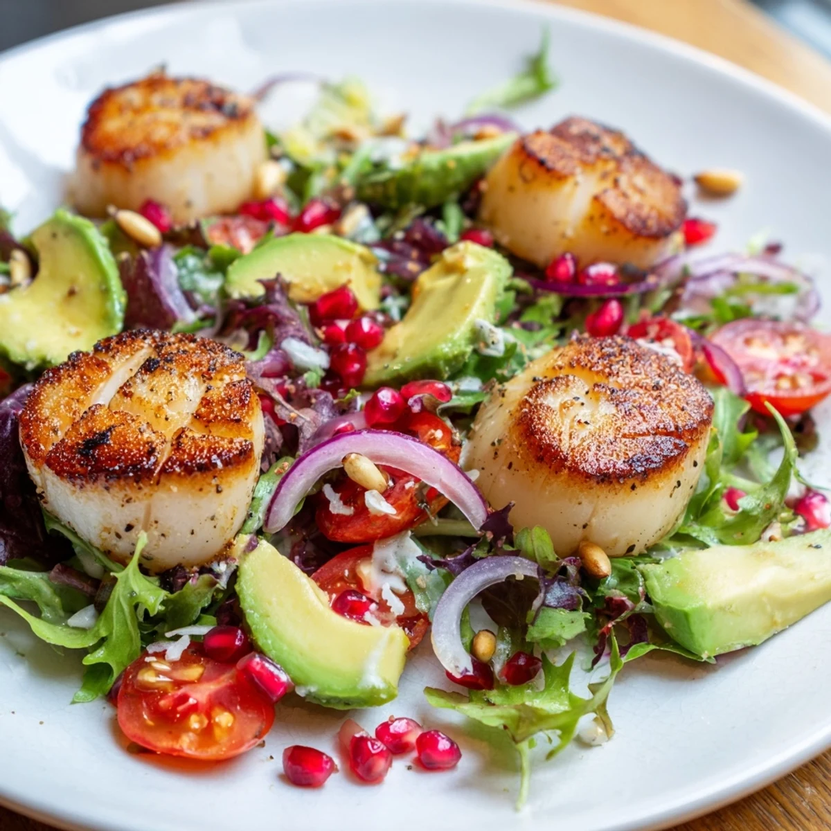 Freshly seared scallops arranged on a bed of mixed greens with pomegranate arils and toasted pine nuts for a romantic dinner.