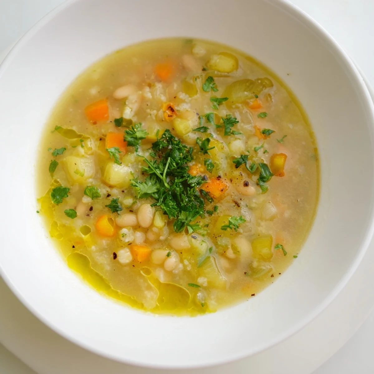 Warm bowl of creamy Rosemary and Roasted Garlic White Bean Soup garnished with fresh parsley. 