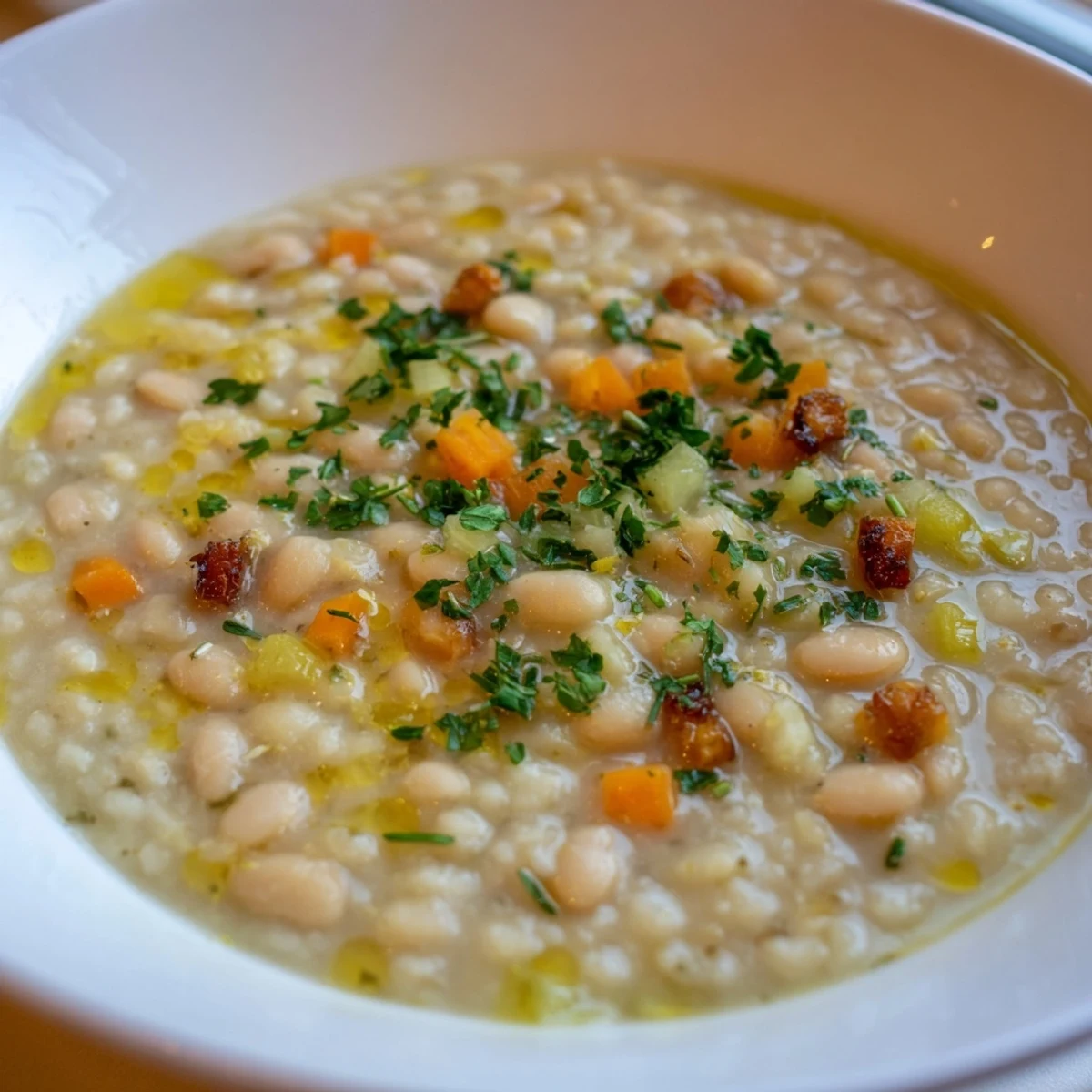 Steaming Rosemary and Roasted Garlic White Bean Soup served in a rustic mug with crusty bread. 
