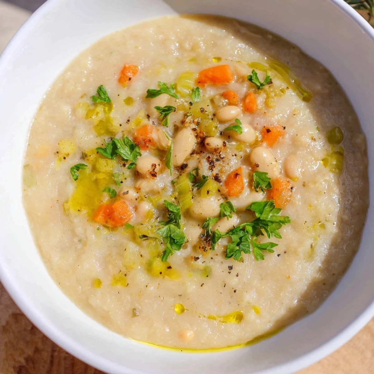Vibrant white bean soup with roasted garlic cloves and fresh rosemary for a cozy Mediterranean dinner.