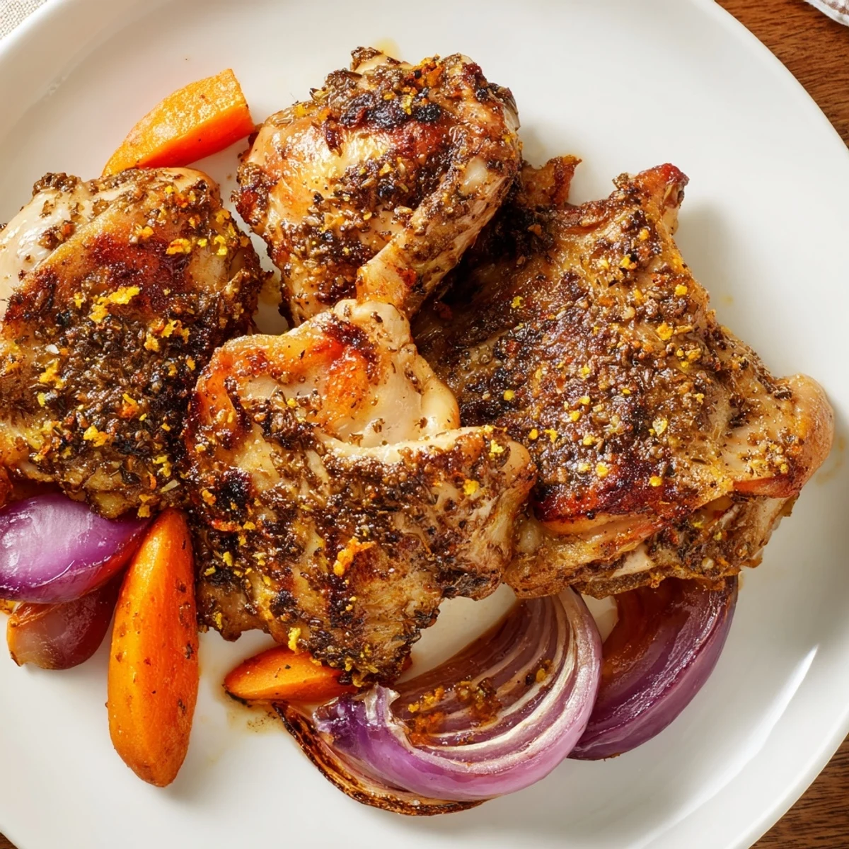 Succulent roasted zaatar chicken is served on a platter with pan juices and a side salad for a complete Middle Eastern meal.