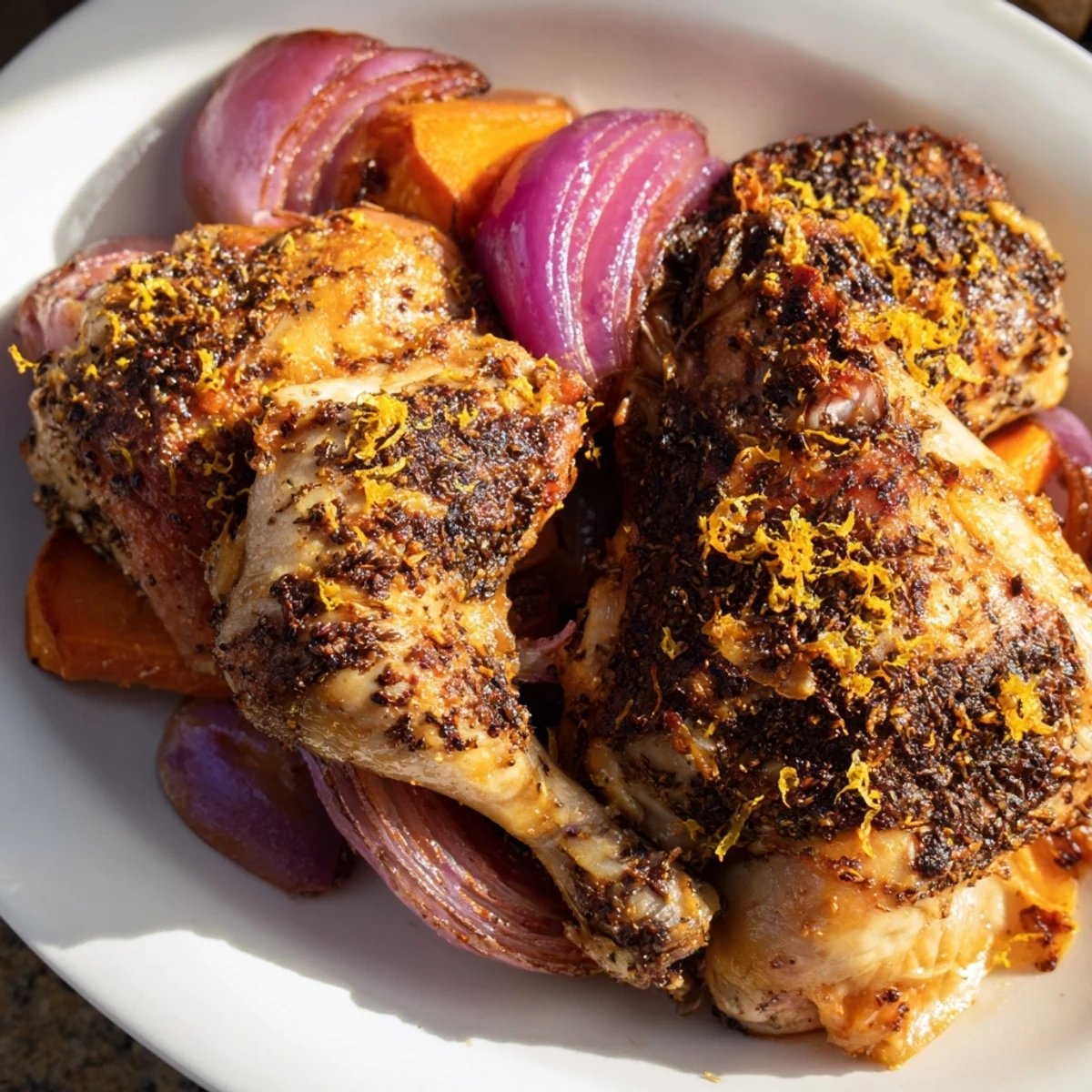 Freshly carved roasted zaatar chicken reveals juicy white meat under aromatic zaatar crust, accompanied by roasted vegetables and lemon wedges.