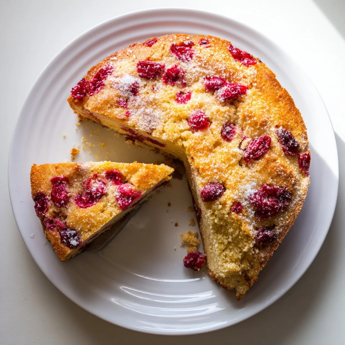 A slice of cranberry cake reveals a moist crumb studded with tart, ruby-red cranberries and a hint of orange zest.