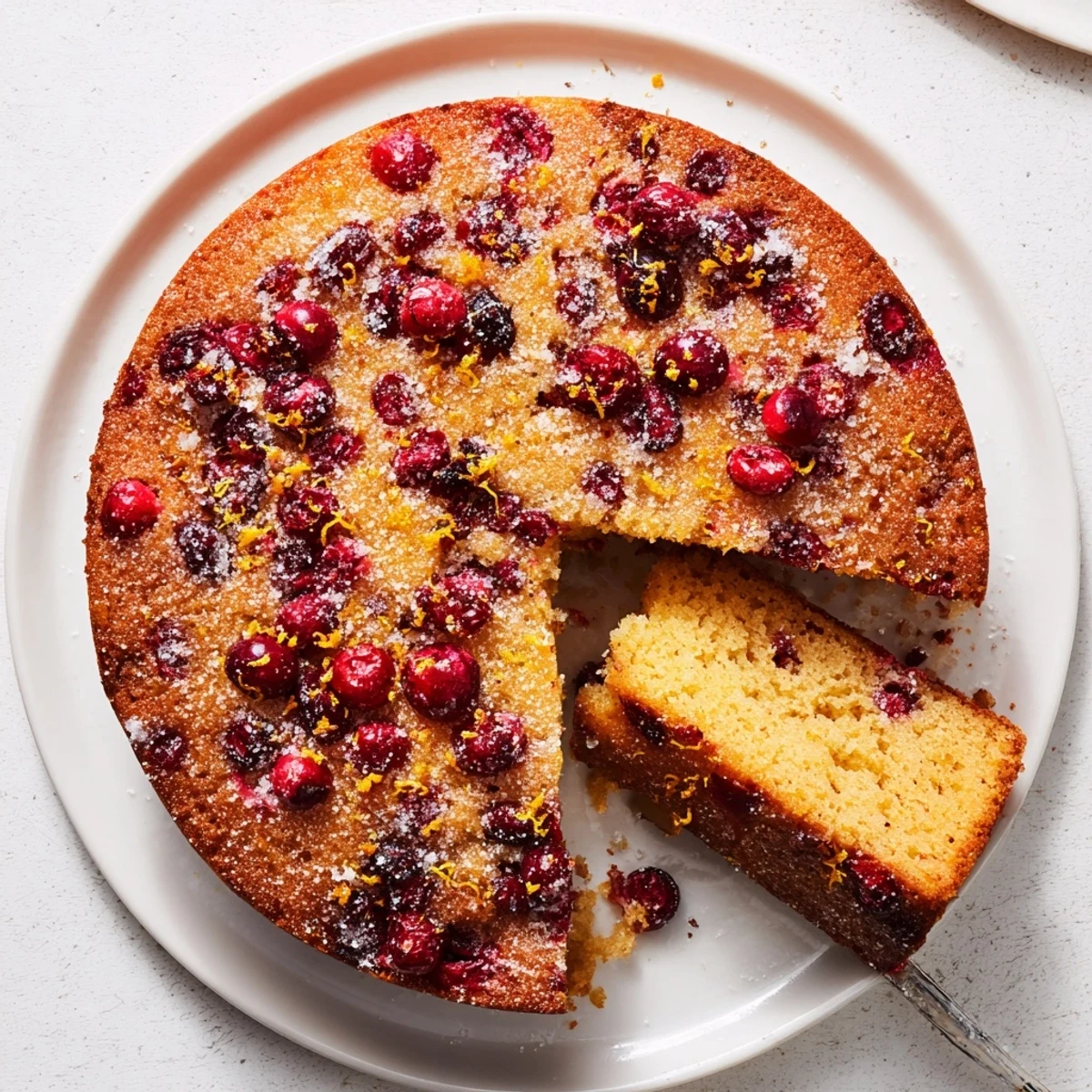 A close-up of cranberry cake shows juicy cranberries nestled in a buttery, tender cake, ideal for serving with coffee.