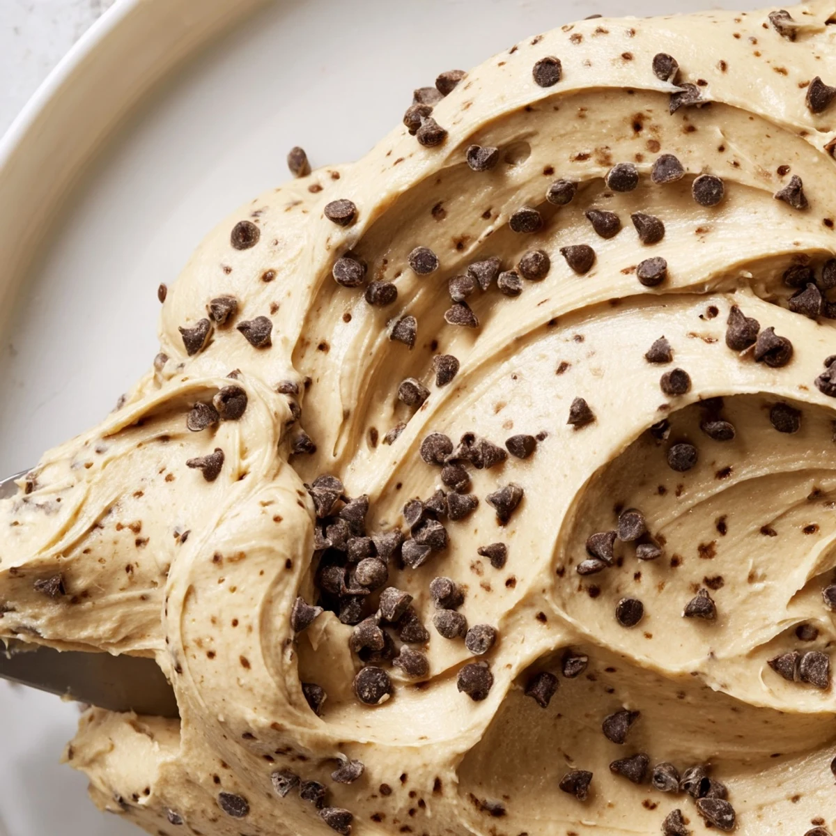 Soft, creamy Cookie Dough Frosting with mini chocolate chips, ready to spread on cupcakes or cakes.