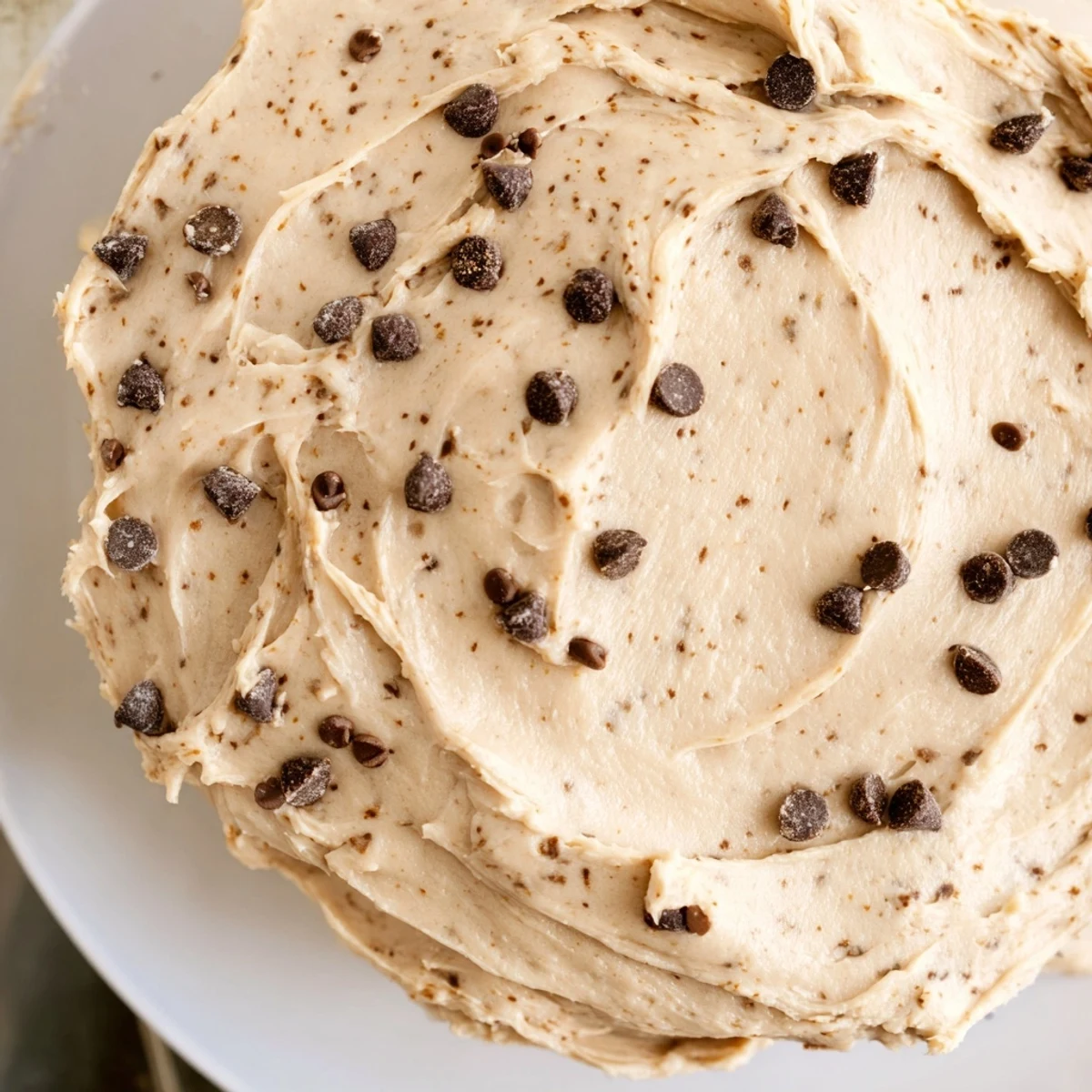 Rich Cookie Dough Frosting topped with chocolate chips, perfect for frosting cupcakes or enjoying by the spoonful.