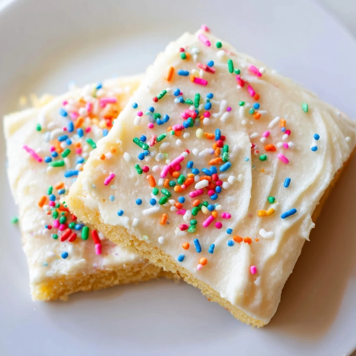 Golden-brown sugar cookie bars with creamy vanilla frosting and colorful sprinkles, cut into neat squares for a party dessert platter.