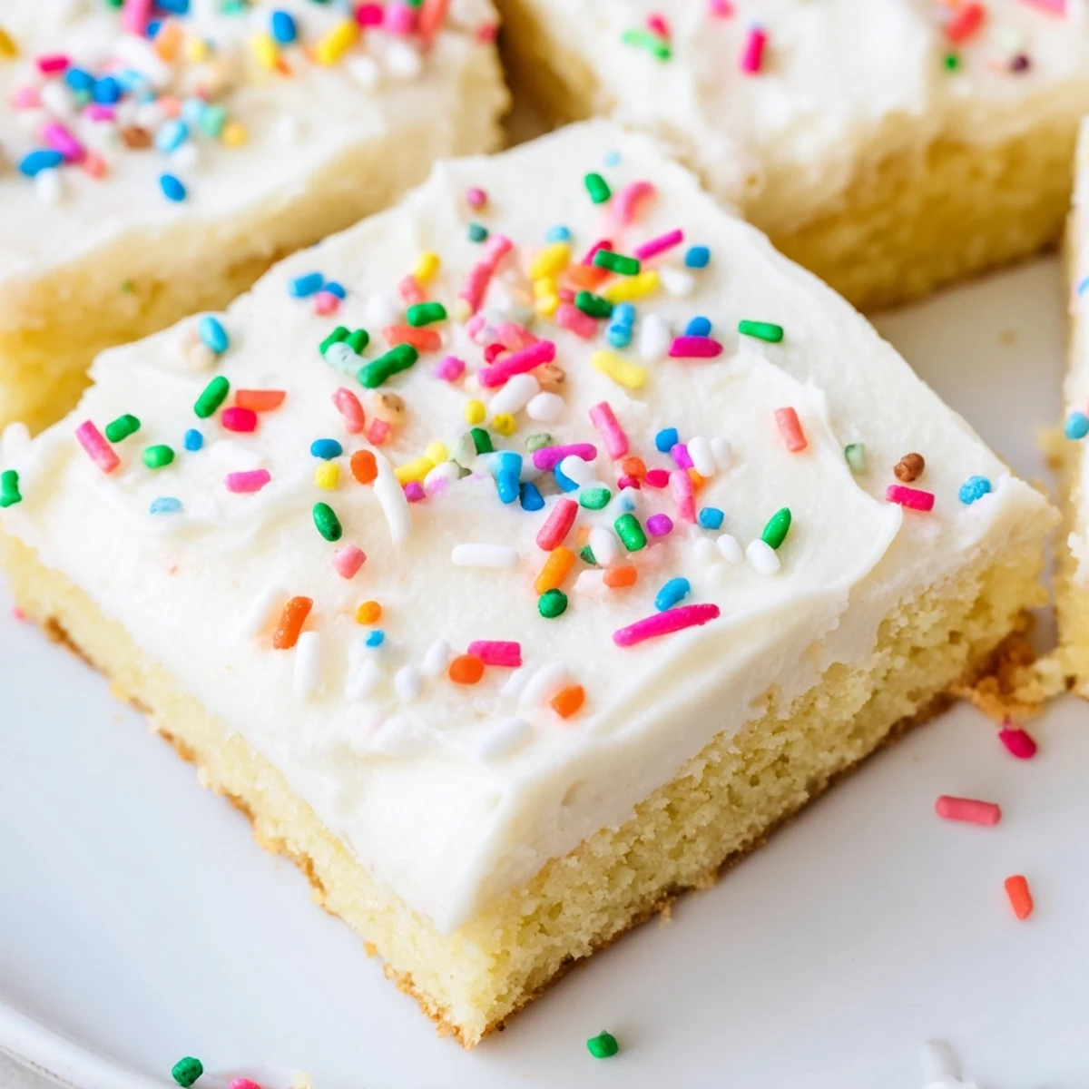 Soft, buttery sugar cookie bars topped with smooth frosting and served on a wooden board for a sweet treat.