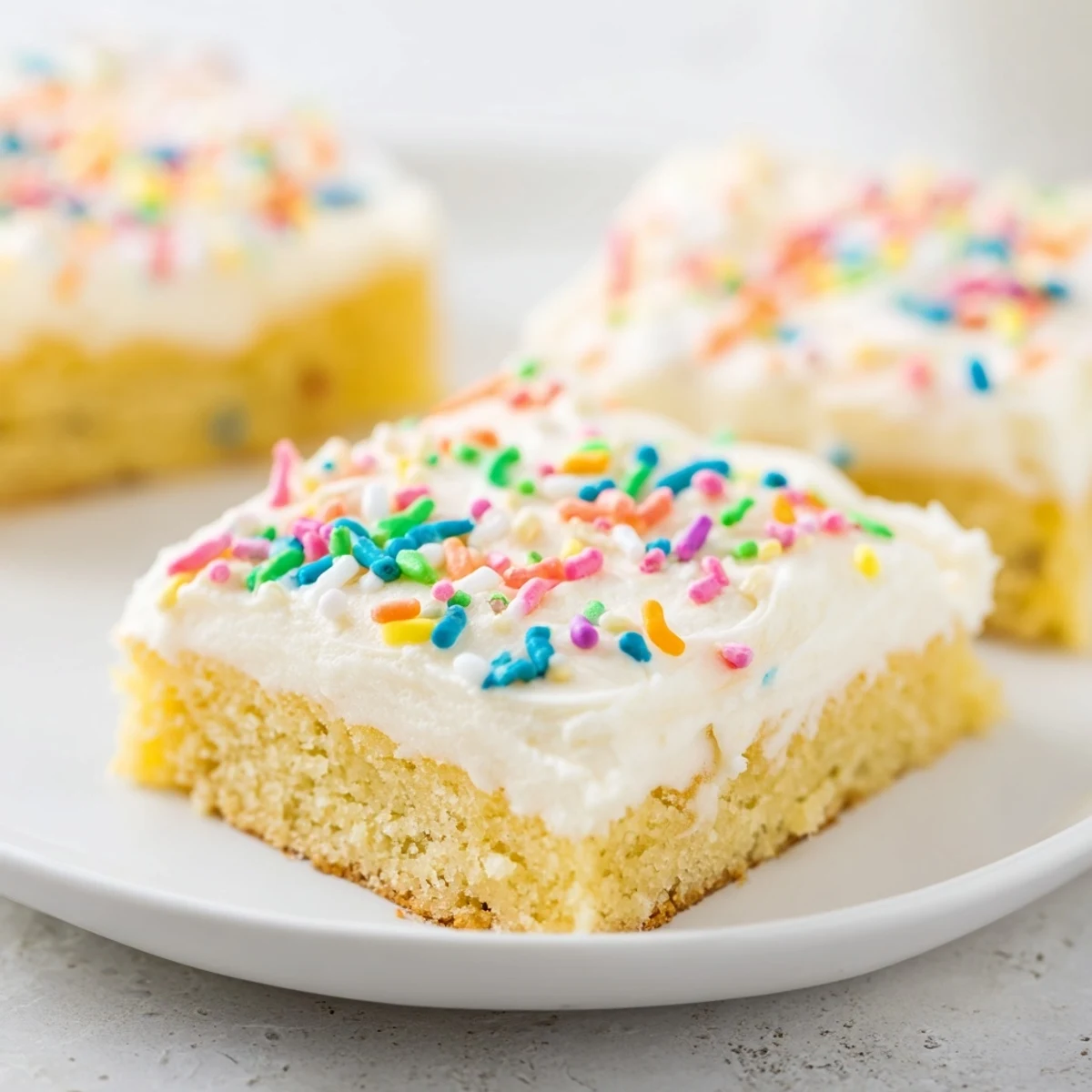 Freshly baked sugar cookie bars featuring moist crumb, sweet vanilla frosting, and decorative sprinkles on a cooling rack.