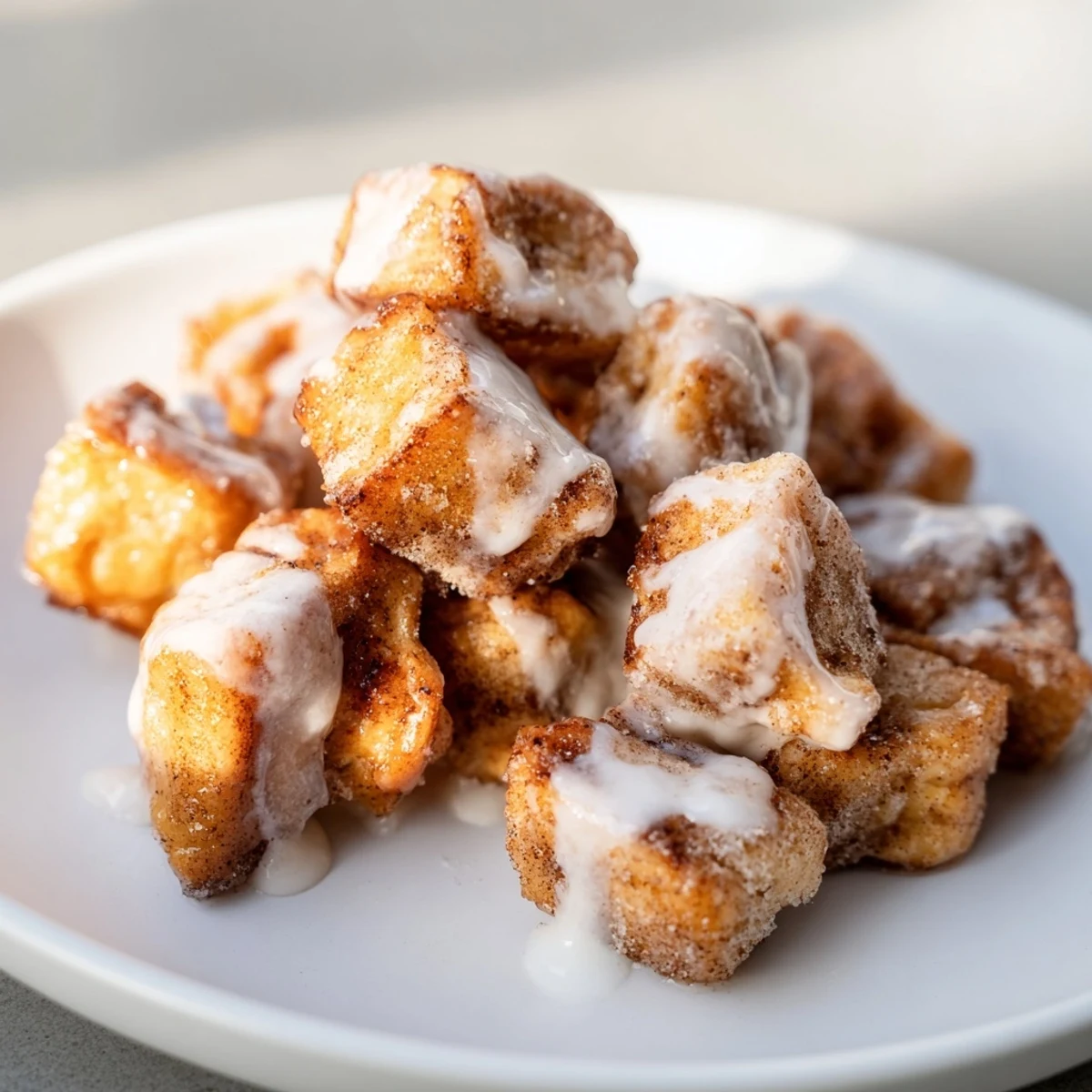 Warm, golden Cinnamon Roll French Toast Bites glistening with a sweet vanilla glaze, served on a rustic plate.