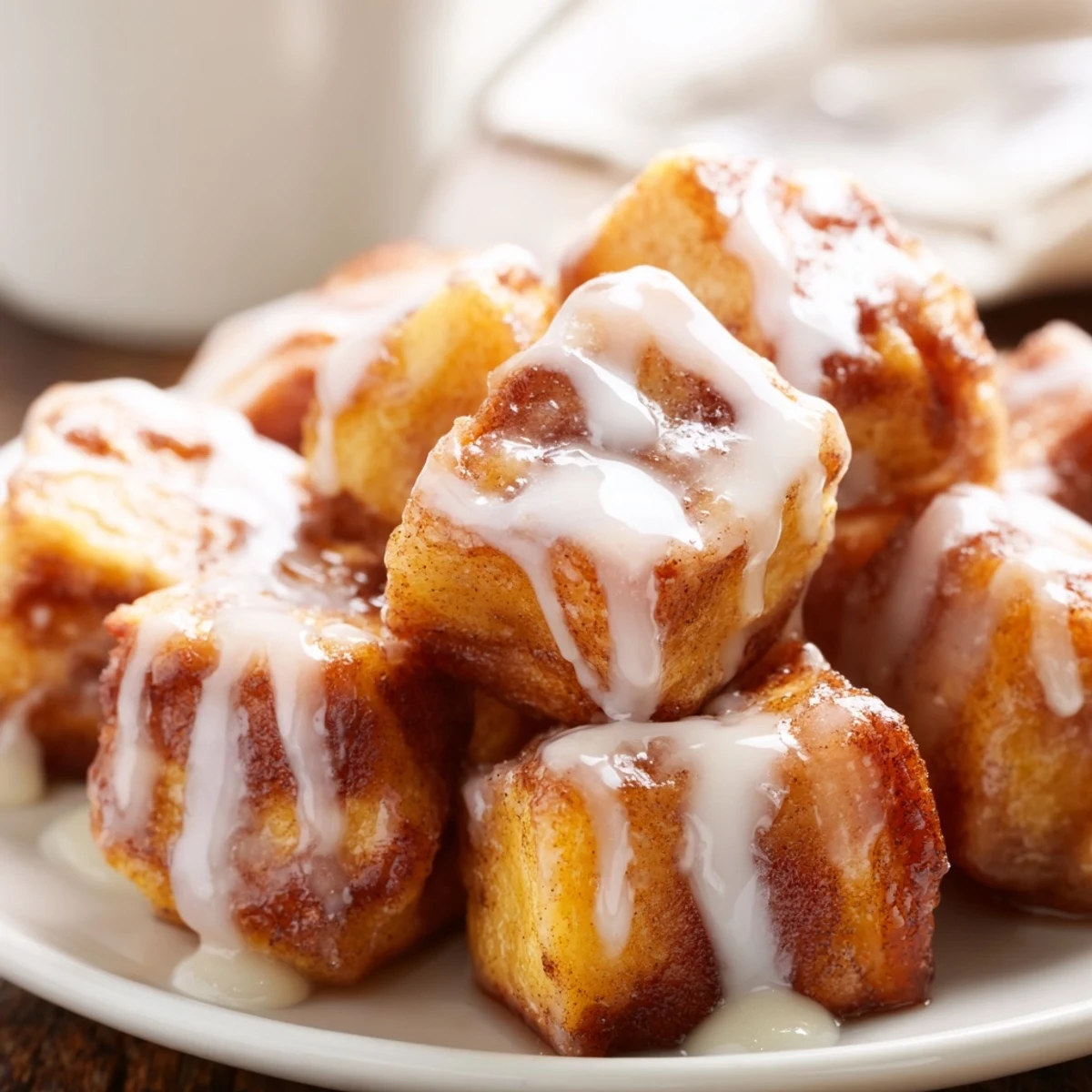 Delicious Cinnamon Roll French Toast Bites arranged on a white plate with fresh berries and a side of maple syrup.