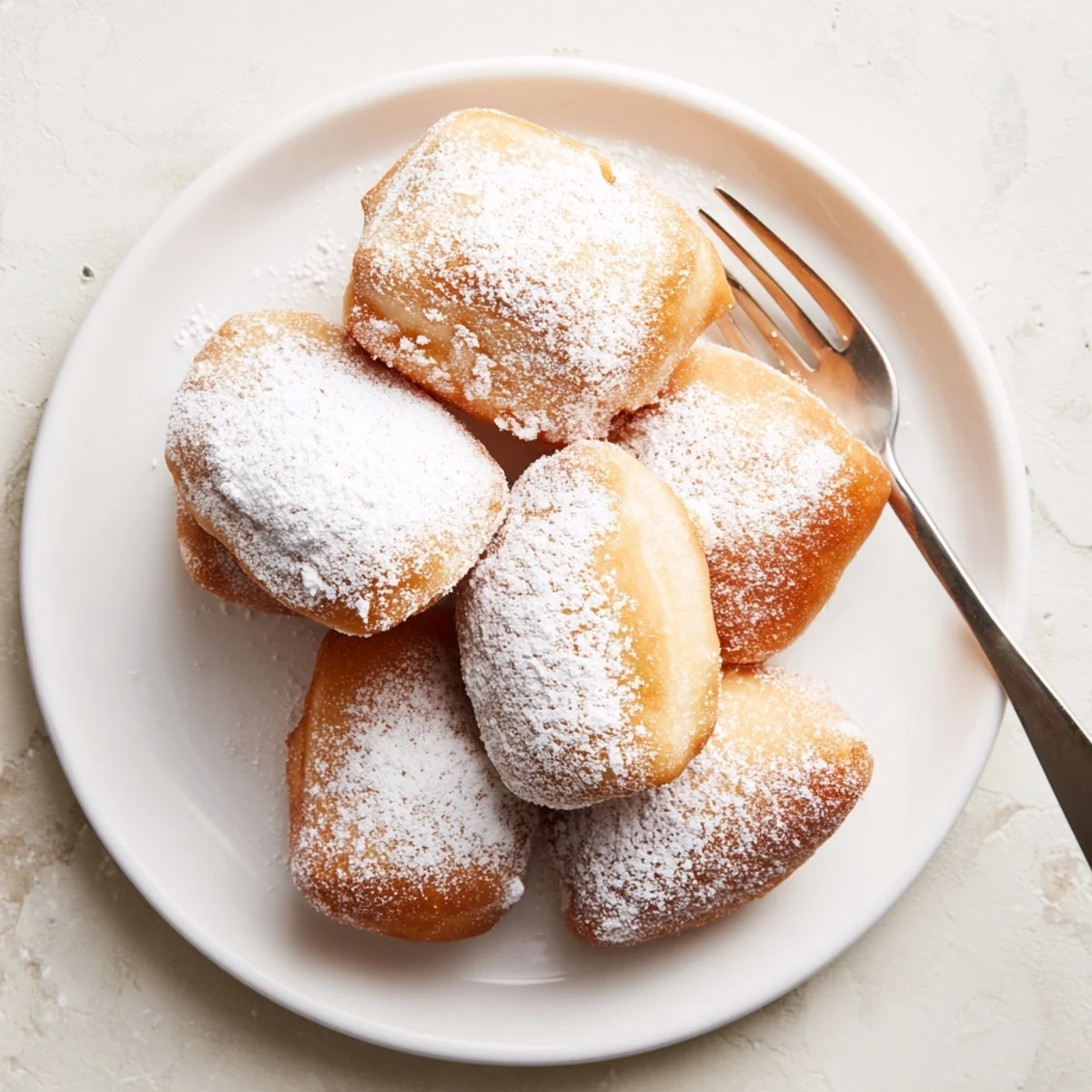 Freshly fried Vanilla French Beignets dusted with powdered sugar on a white plate, perfect for breakfast or dessert.